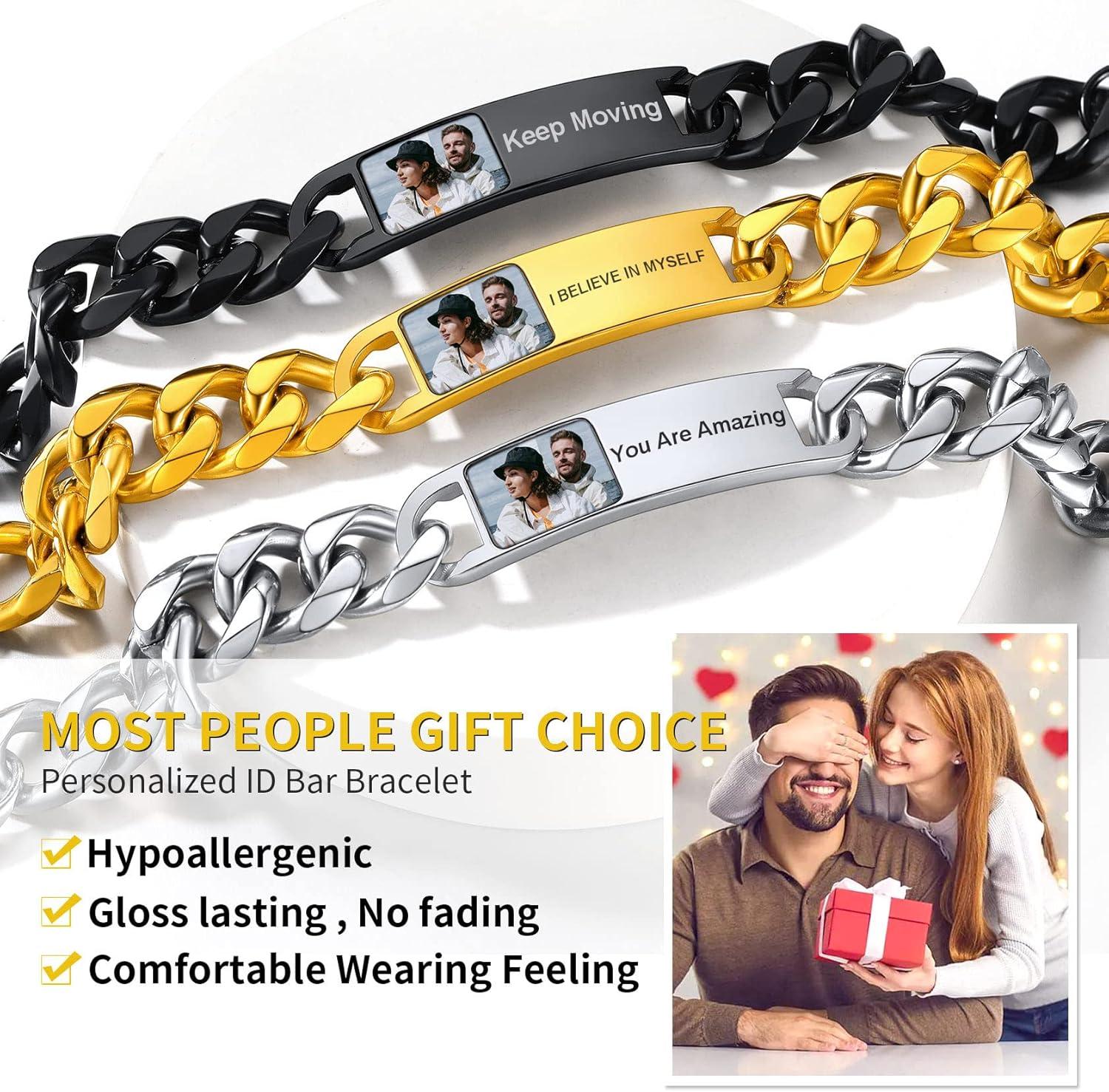 imageChainsHouse Personalized ID Bracelet for Men Women Stainless Steel Cuban Curb Link Chain Custom Engrave Bar Bracelet Bangle 7mm Width 1921CM Send Gift BoxB Black15MMPhoto