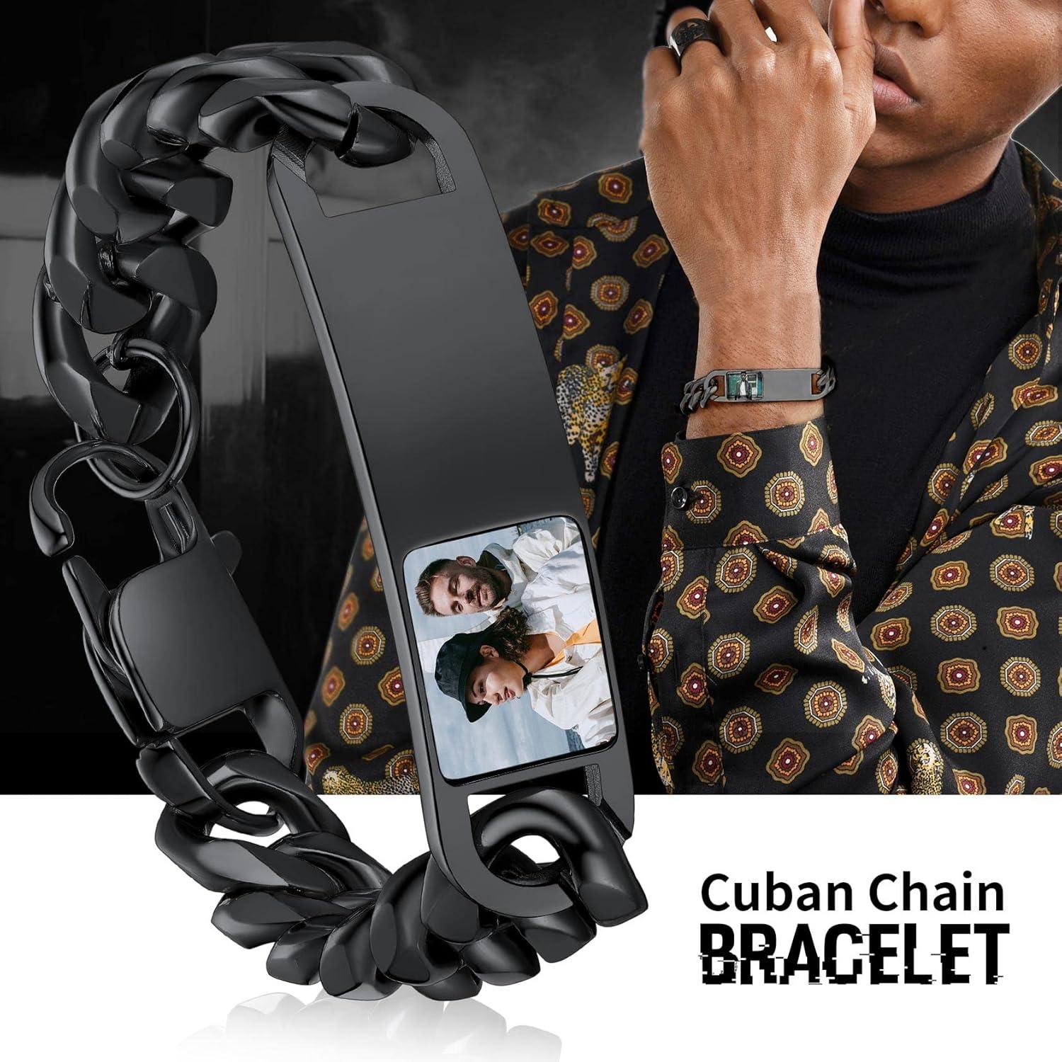 imageChainsHouse Personalized ID Bracelet for Men Women Stainless Steel Cuban Curb Link Chain Custom Engrave Bar Bracelet Bangle 7mm Width 1921CM Send Gift BoxB Black15MMPhoto