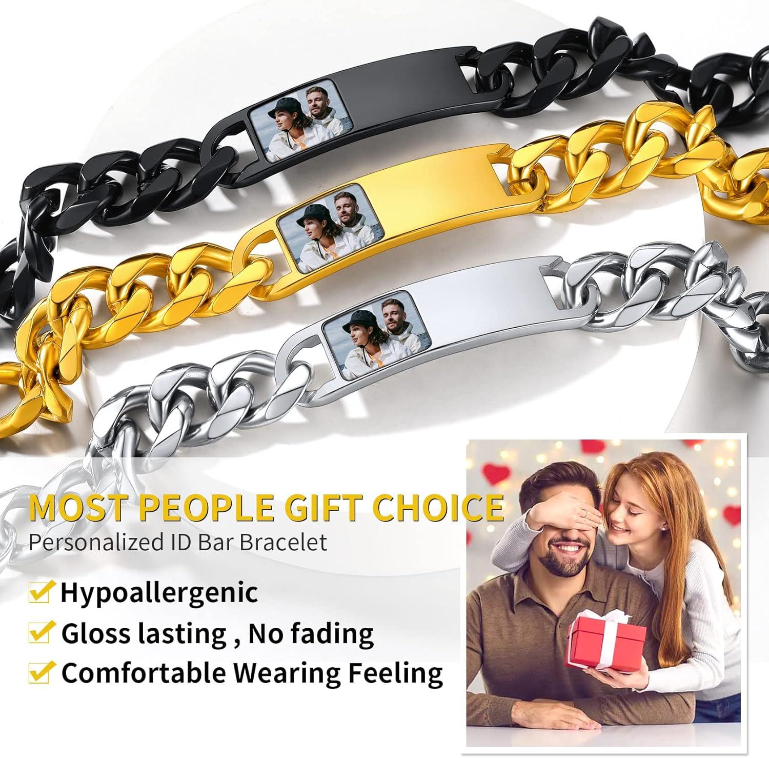 imageChainsHouse Personalized ID Bracelet for Men Women Stainless Steel Cuban Curb Link Chain Custom Engrave Bar Bracelet Bangle 7mm Width 1921CM Send Gift BoxB Black15MMPhoto