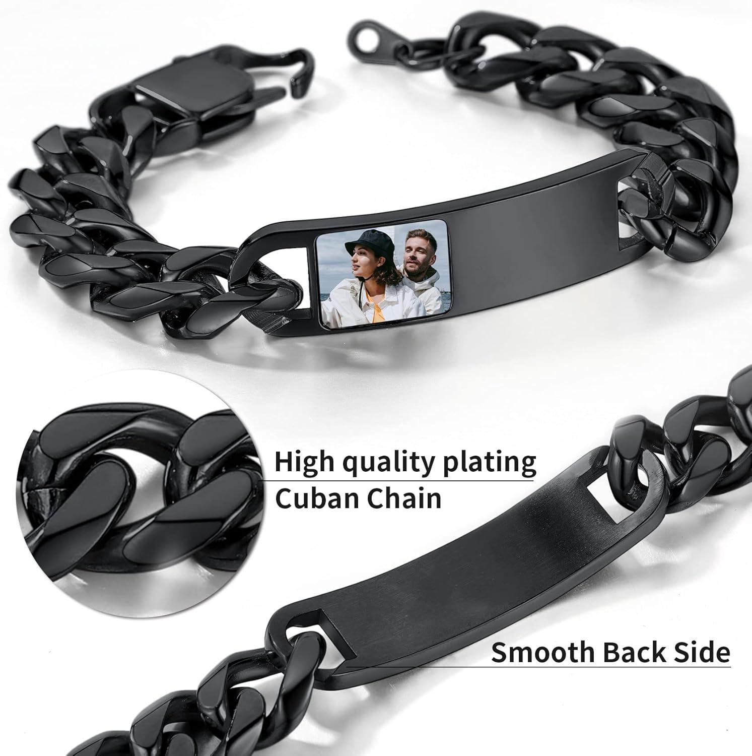 imageChainsHouse Personalized ID Bracelet for Men Women Stainless Steel Cuban Curb Link Chain Custom Engrave Bar Bracelet Bangle 7mm Width 1921CM Send Gift BoxB Black15MMPhoto