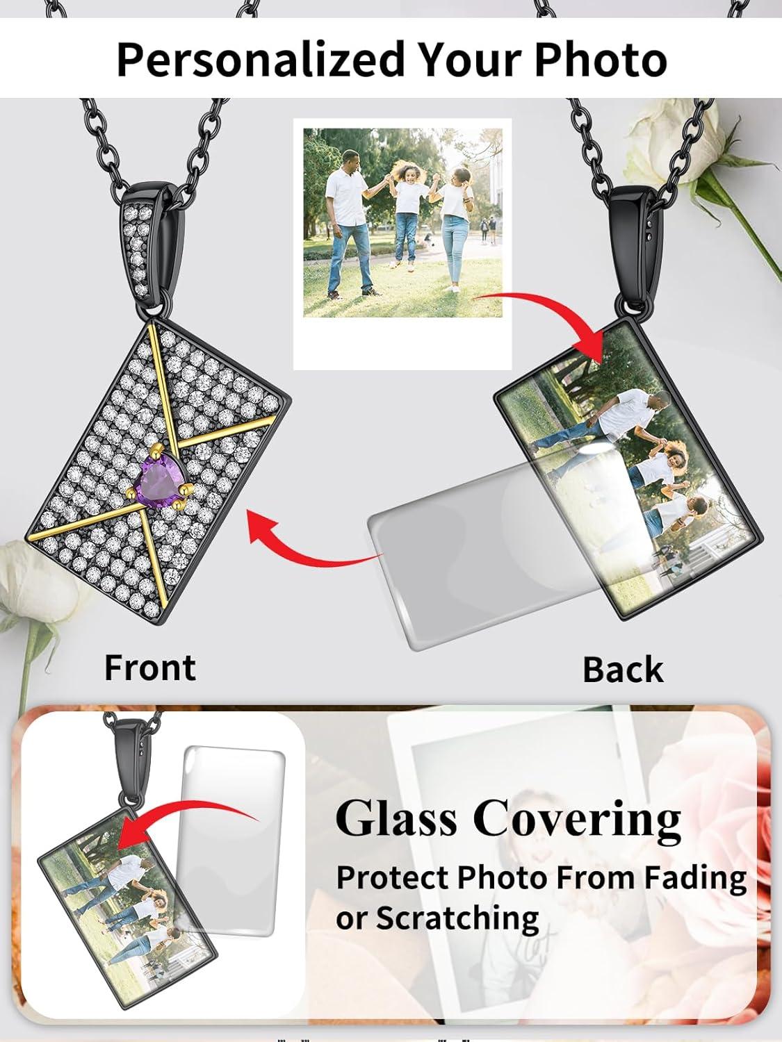 imageChainsHouse Personalized Locket Necklace Custom Envelope Necklaces with Photo Message Engraved for Women Stainless SteelBlackGoldRose Gold Plated Memorial Gift for Wife with Gift BoxD Photo BirthstoneBlack