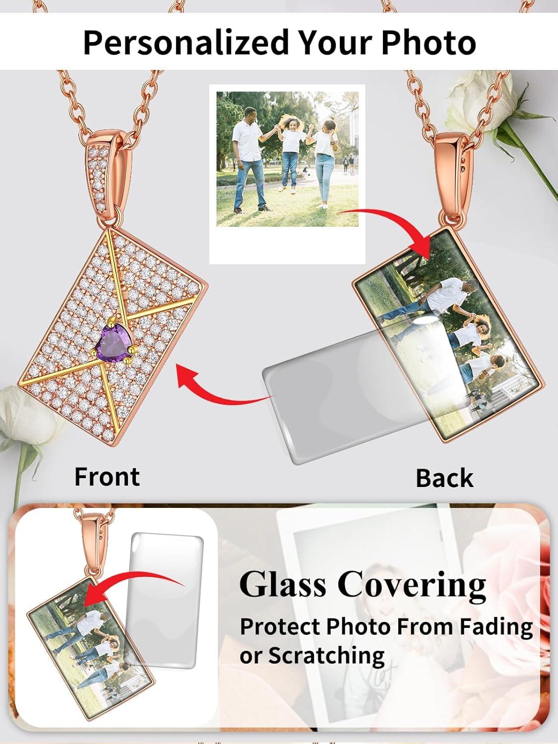 imageChainsHouse Personalized Locket Necklace Custom Envelope Necklaces with Photo Message Engraved for Women Stainless SteelBlackGoldRose Gold Plated Memorial Gift for Wife with Gift BoxD Photo BirthstoneRose Gold