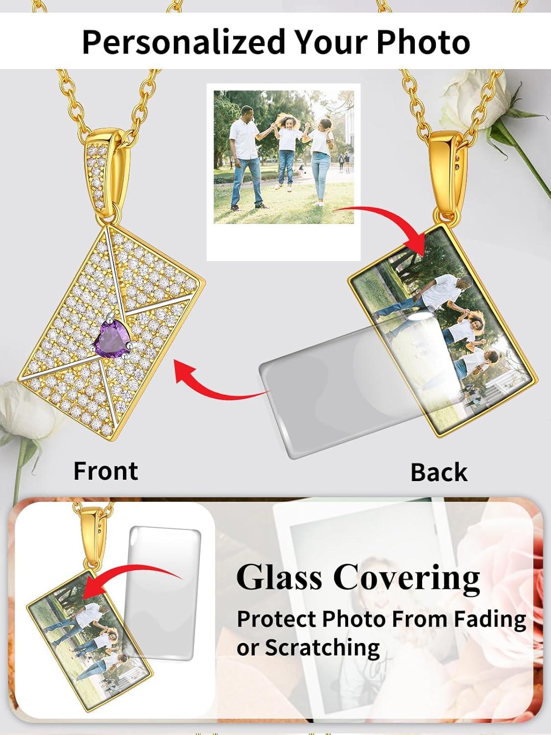 imageChainsHouse Personalized Locket Necklace Custom Envelope Necklaces with Photo Message Engraved for Women Stainless SteelBlackGoldRose Gold Plated Memorial Gift for Wife with Gift BoxD Photo BirthstoneGold