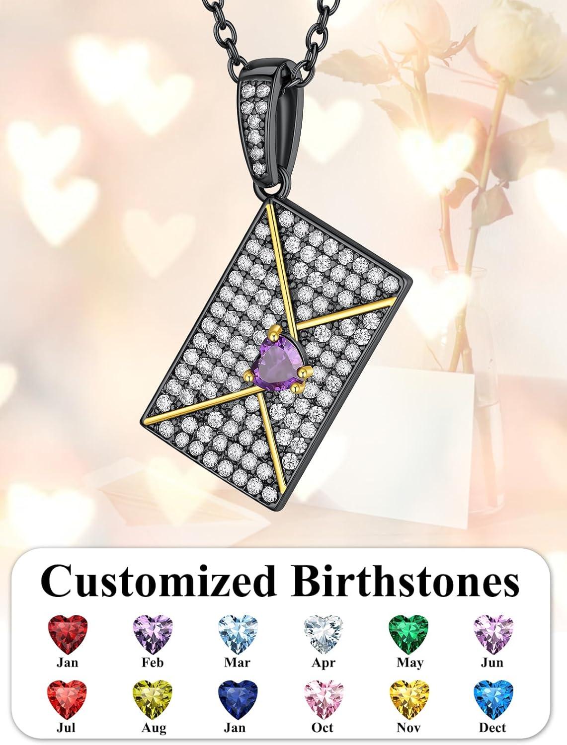 imageChainsHouse Personalized Locket Necklace Custom Envelope Necklaces with Photo Message Engraved for Women Stainless SteelBlackGoldRose Gold Plated Memorial Gift for Wife with Gift BoxD Photo BirthstoneBlack