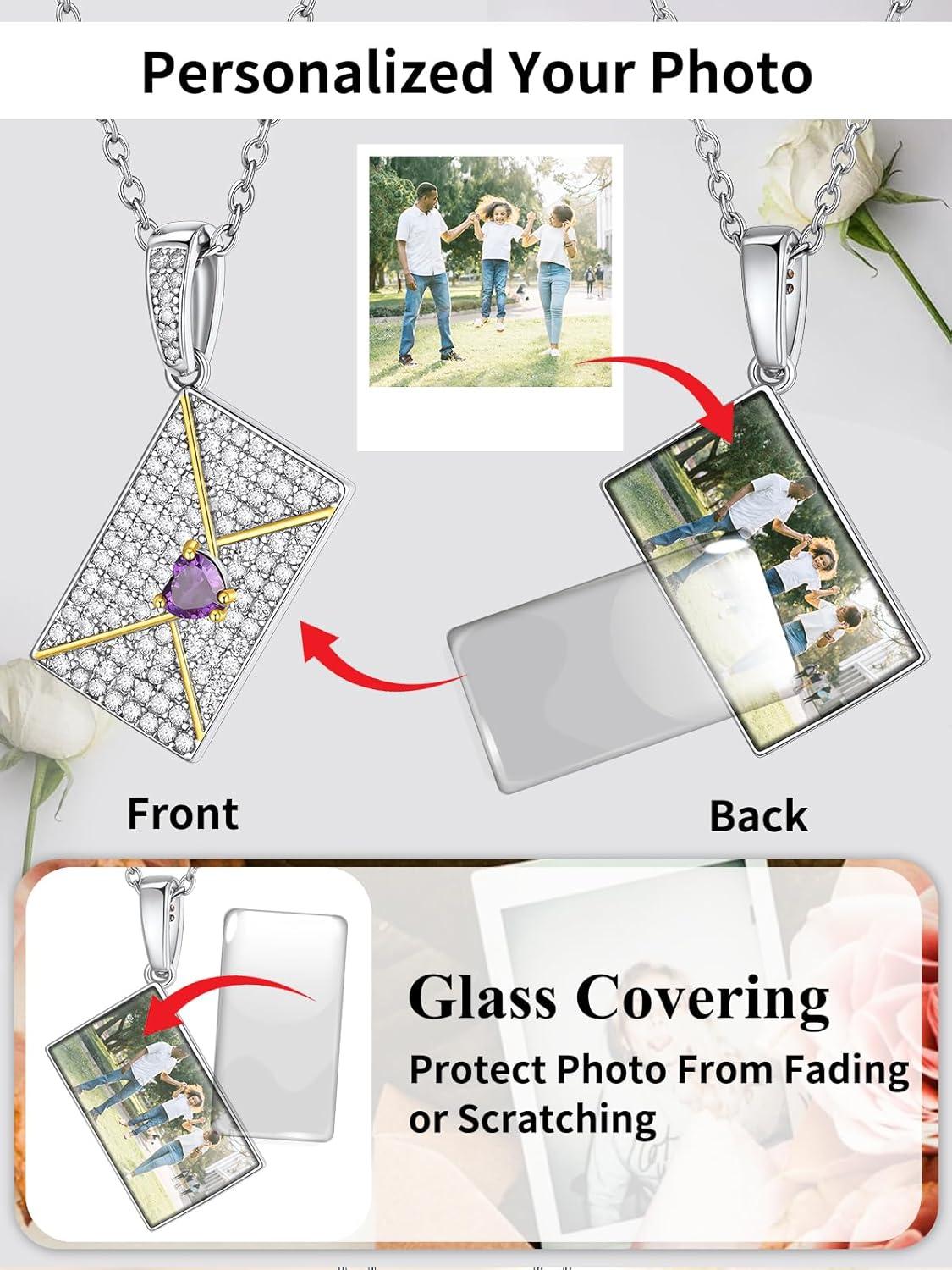 imageChainsHouse Personalized Locket Necklace Custom Envelope Necklaces with Photo Message Engraved for Women Stainless SteelBlackGoldRose Gold Plated Memorial Gift for Wife with Gift BoxD Photo BirthstoneSilver