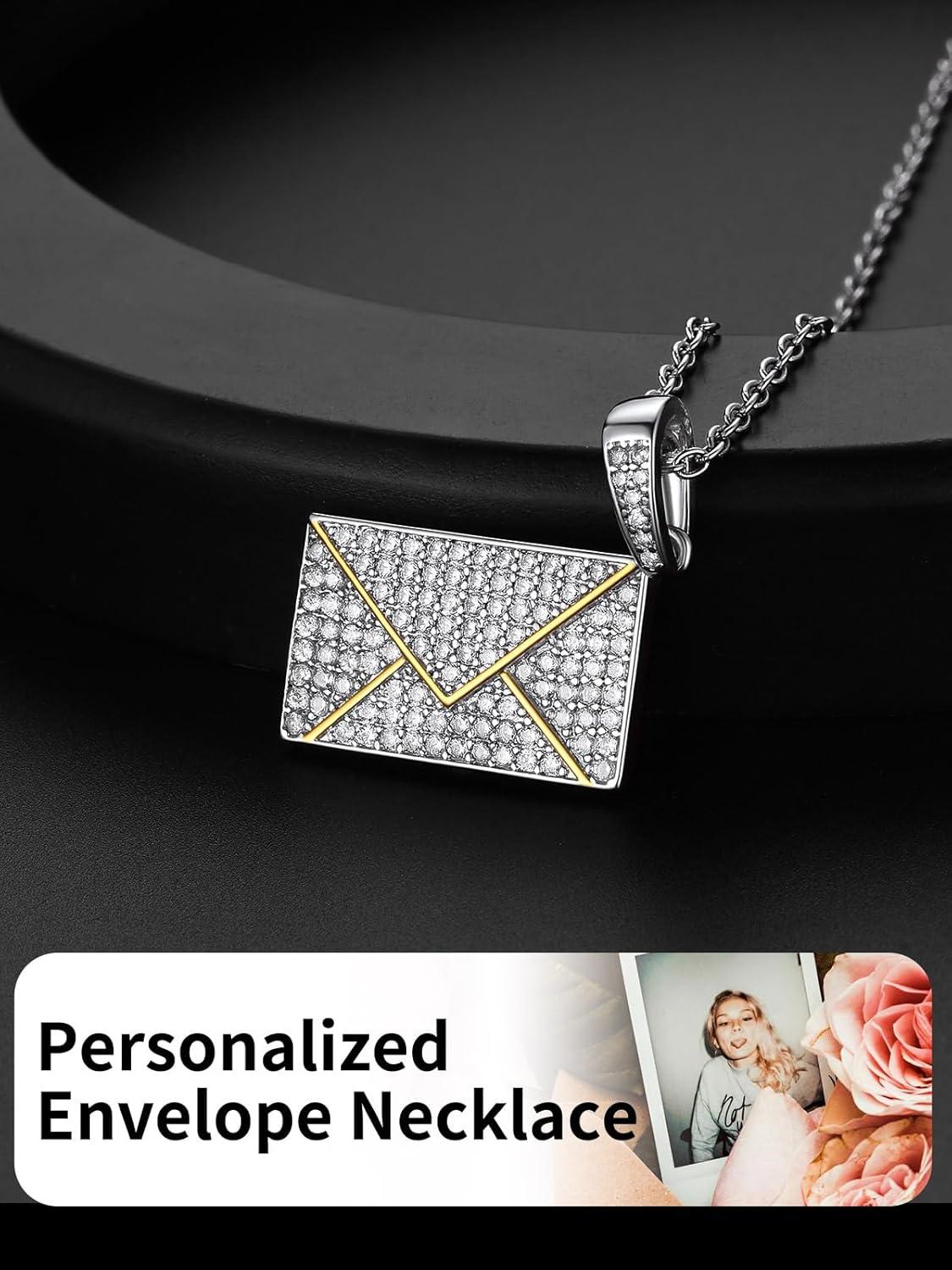 imageChainsHouse Personalized Locket Necklace Custom Envelope Necklaces with Photo Message Engraved for Women Stainless SteelBlackGoldRose Gold Plated Memorial Gift for Wife with Gift BoxE PhotoSilver