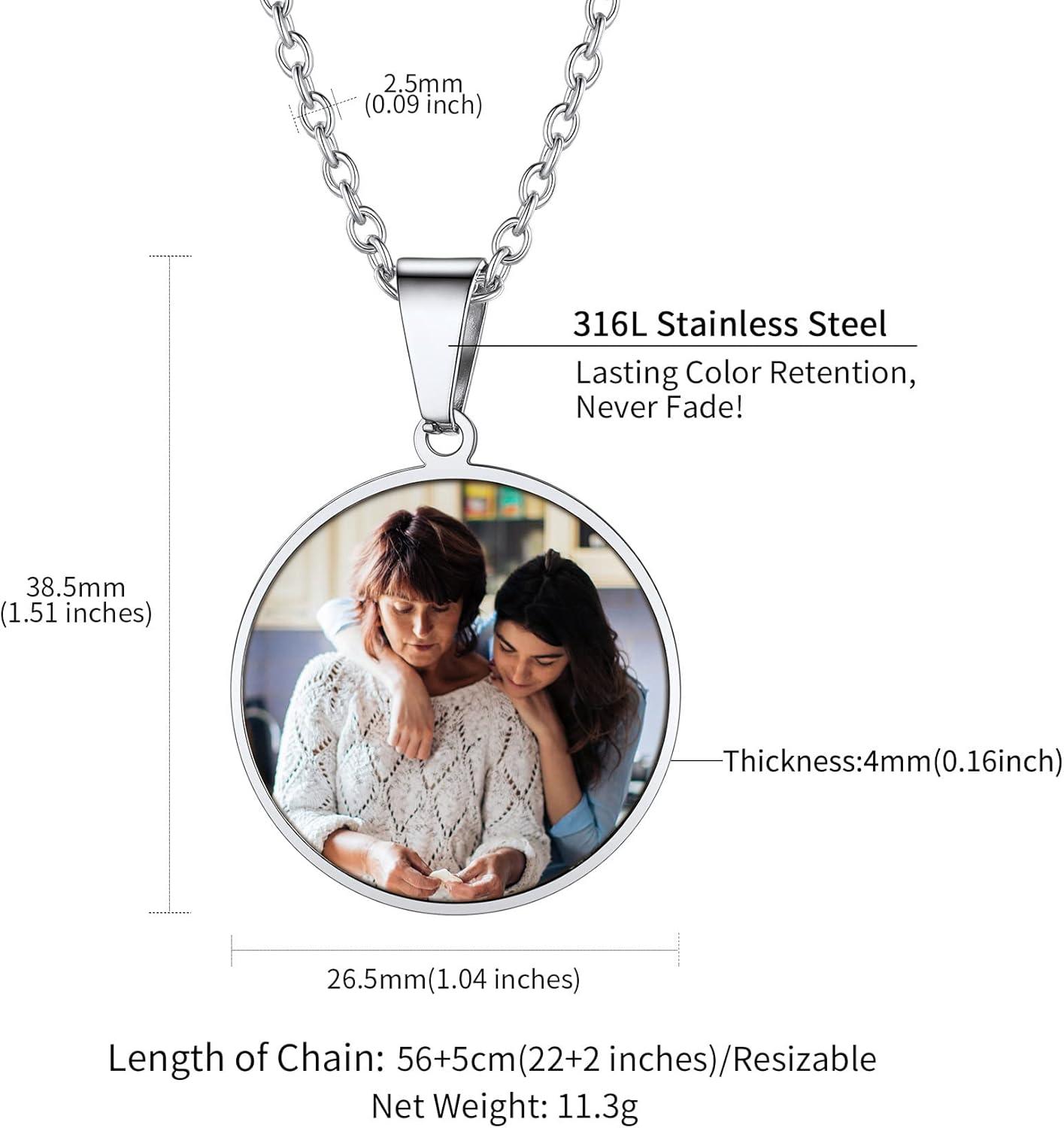 imageChainsHouse Personalized Photo Necklace Men Women Stainless Steel18K Gold Plated Chain Custom Picture Image Engrave Text RectangularHeartOvalDogtag Pendant DIY Memorial JewelrySend Gift BoxP Round 2 sided PhotosSteel