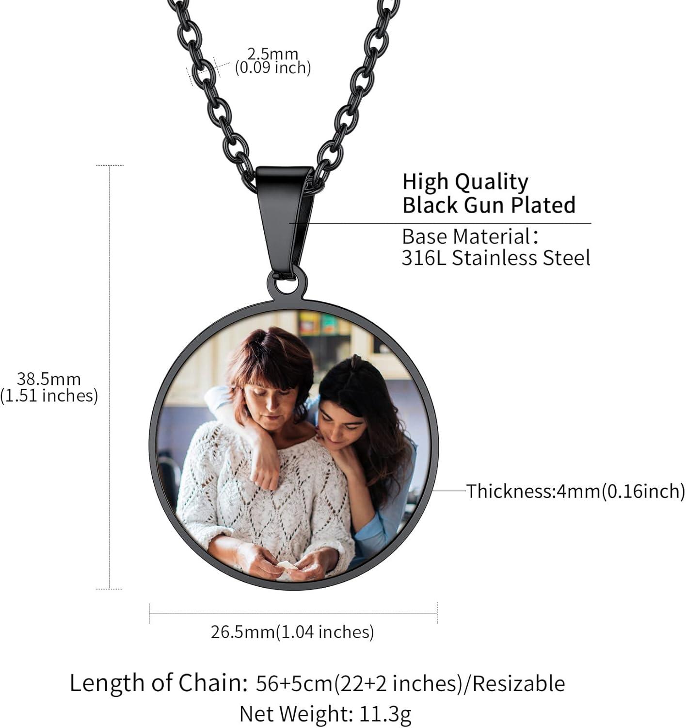 imageChainsHouse Personalized Photo Necklace Men Women Stainless Steel18K Gold Plated Chain Custom Picture Image Engrave Text RectangularHeartOvalDogtag Pendant DIY Memorial JewelrySend Gift BoxP Round 2 sided PhotosBlack