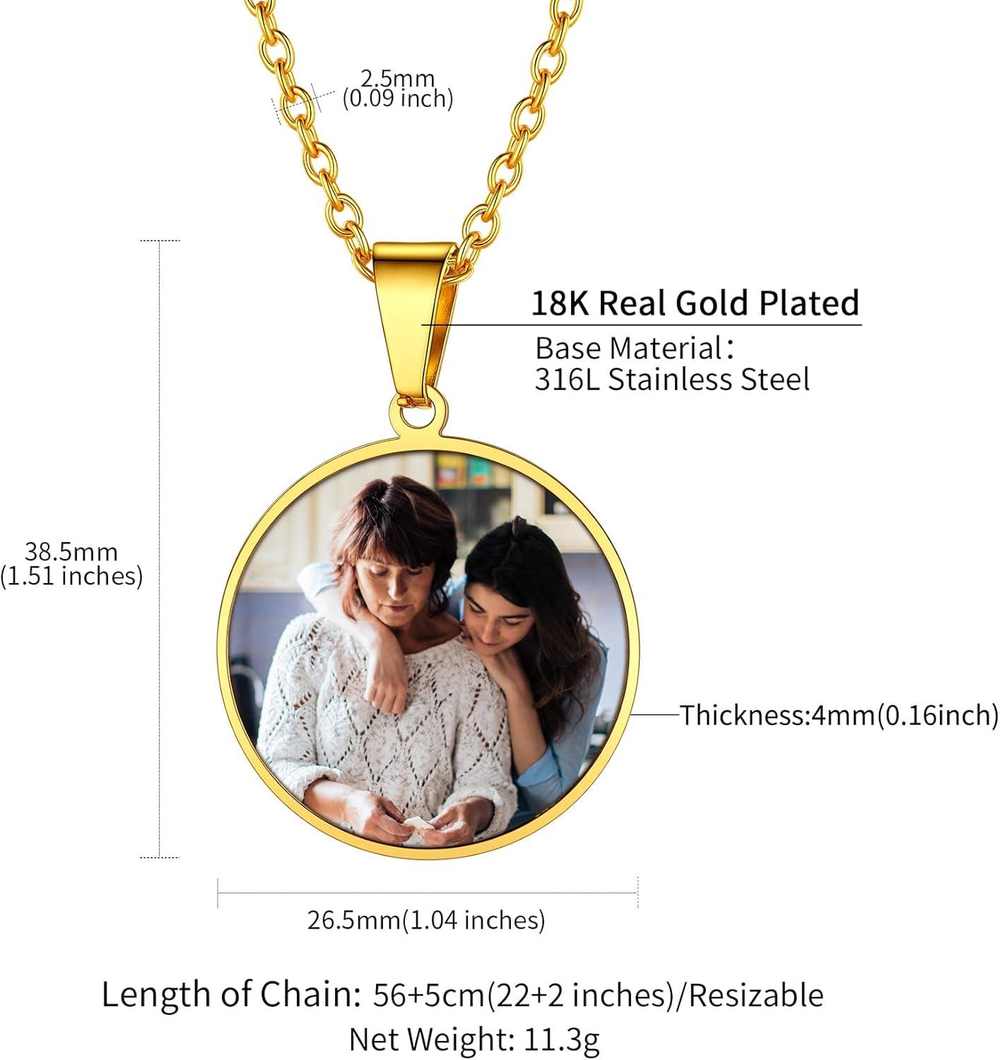 imageChainsHouse Personalized Photo Necklace Men Women Stainless Steel18K Gold Plated Chain Custom Picture Image Engrave Text RectangularHeartOvalDogtag Pendant DIY Memorial JewelrySend Gift BoxP Round 2 sided PhotosGold