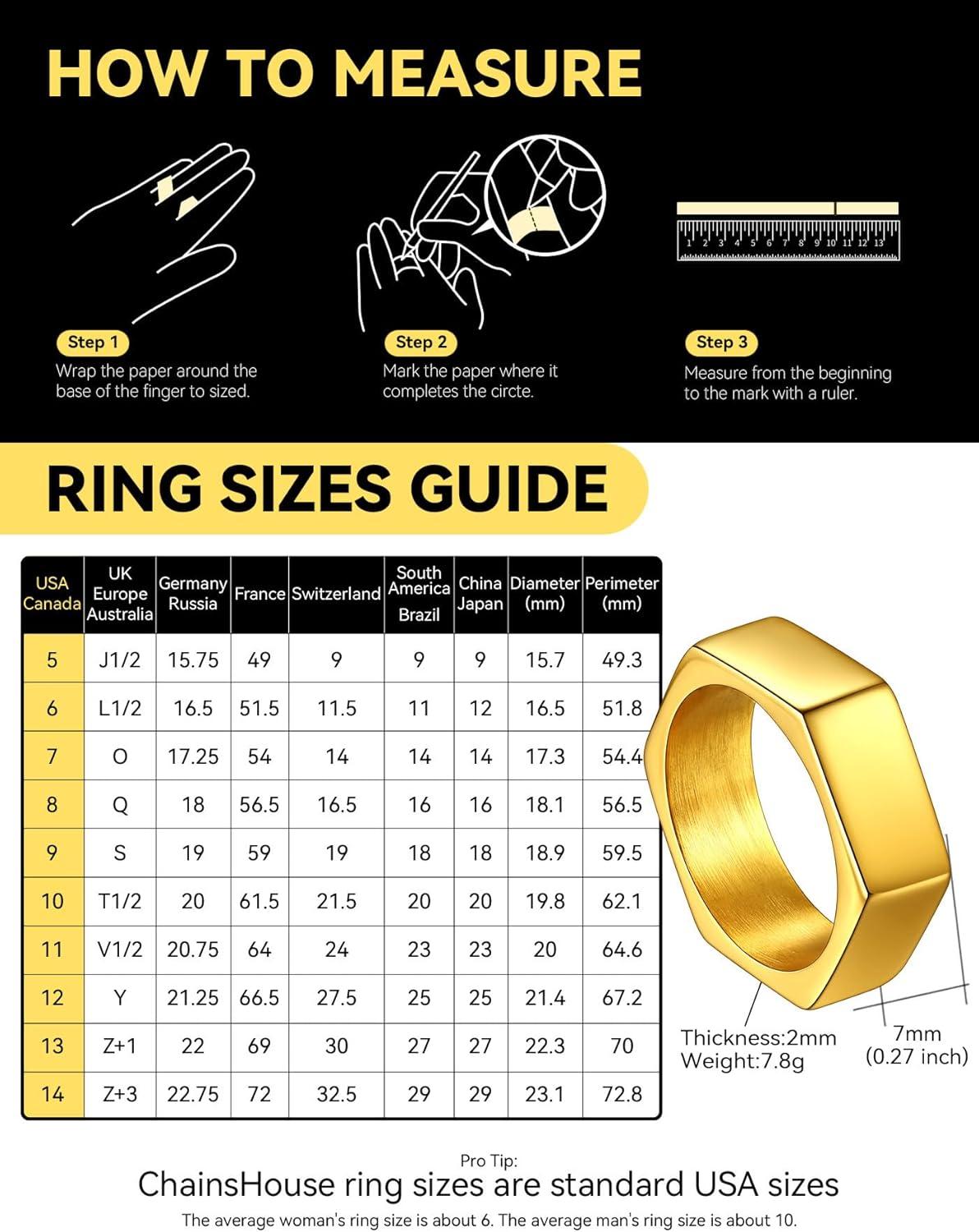 imageChainsHouse Screw Band Biker Ring for Men Women Black Metal18K Gold Plated Stainless Steel Jewelry Hexagon Geometric Ring Size 714with Gift BoxcGold