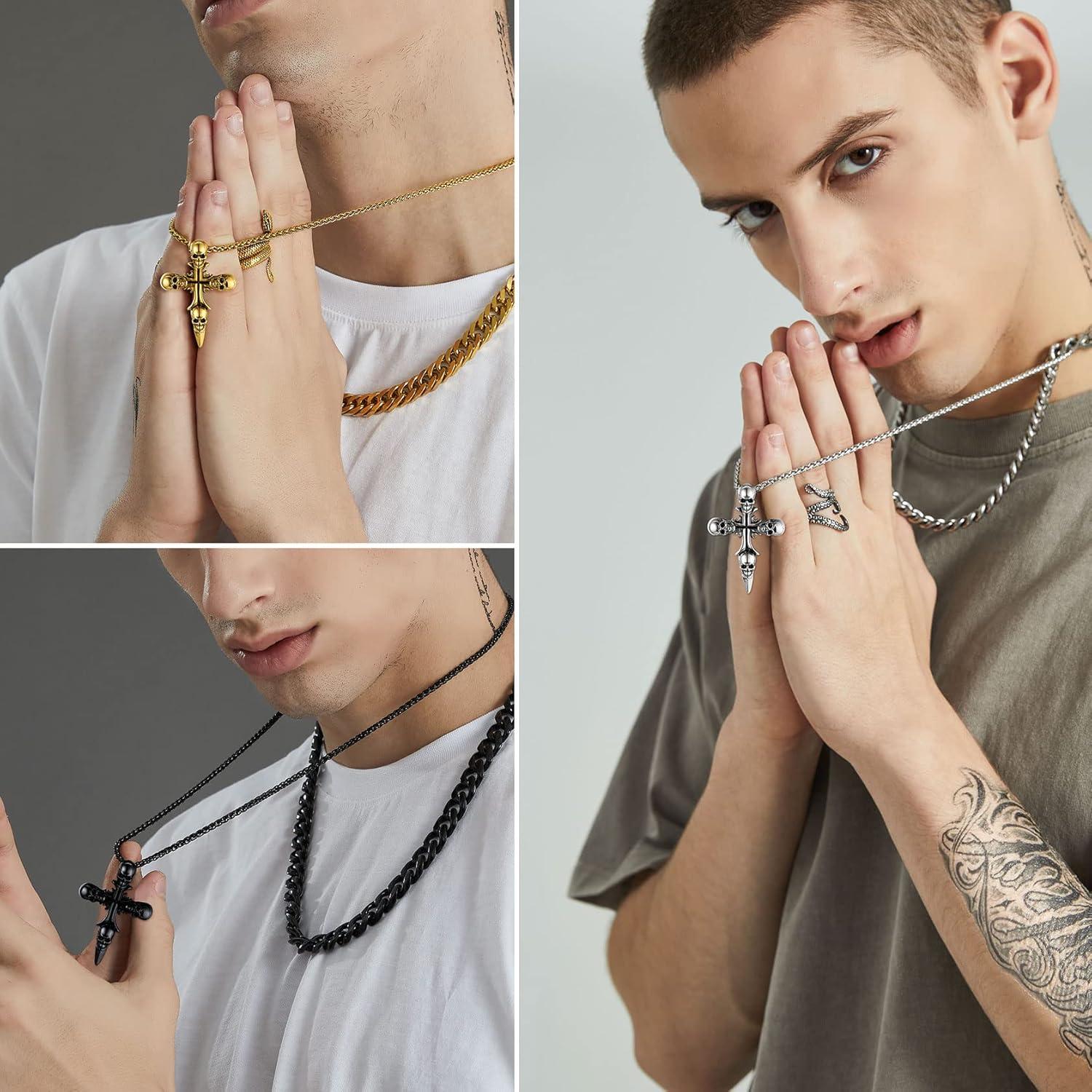 imageChainsHouse Skull Necklace for Men Retro Gothic Punk Jewelry Biker Necklace for Men Women Free Engraving Stainless Steel Dog Tag Pendant Necklacewith Gift Box07 Cross Black