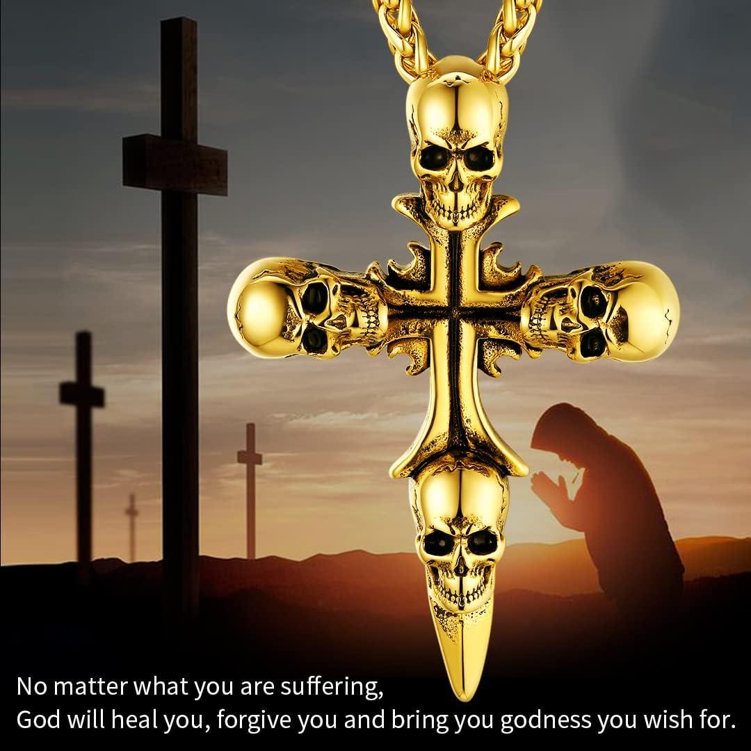 imageChainsHouse Skull Necklace for Men Retro Gothic Punk Jewelry Biker Necklace for Men Women Free Engraving Stainless Steel Dog Tag Pendant Necklacewith Gift Box07 Cross Gold