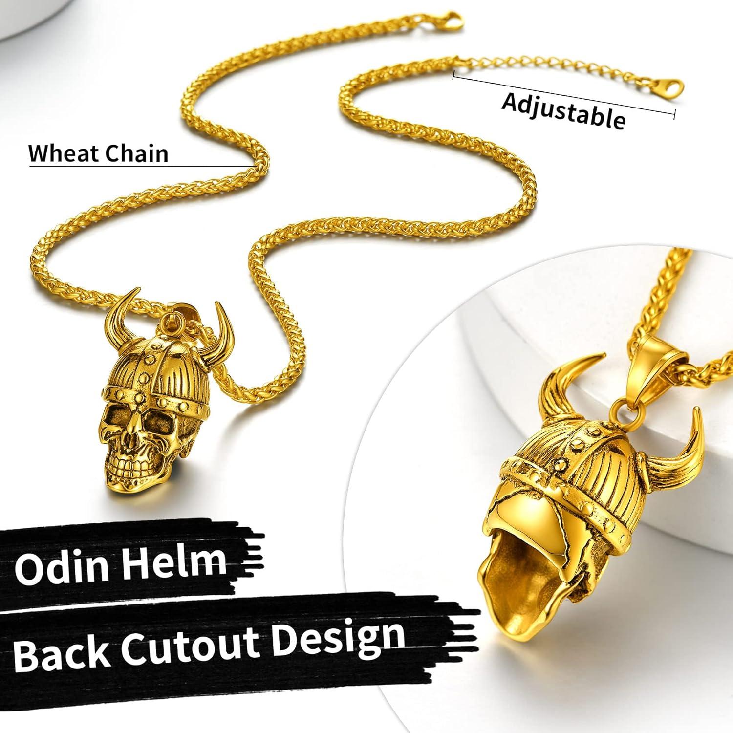 imageChainsHouse Skull Necklace for Men Retro Gothic Punk Jewelry Biker Necklace for Men Women Free Engraving Stainless Steel Dog Tag Pendant Necklacewith Gift Box06 Odin HelmetGold