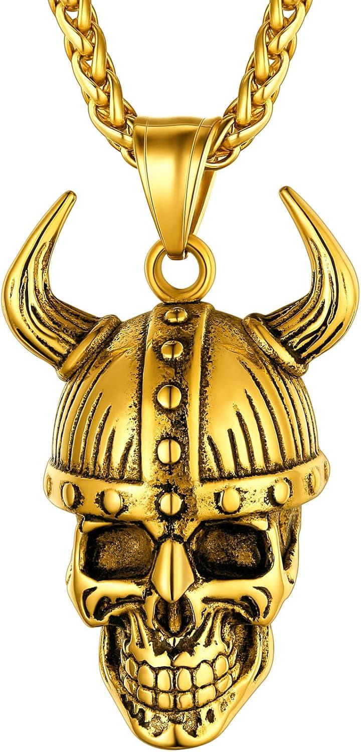 imageChainsHouse Skull Necklace for Men Retro Gothic Punk Jewelry Biker Necklace for Men Women Free Engraving Stainless Steel Dog Tag Pendant Necklacewith Gift Box06 Odin HelmetGold
