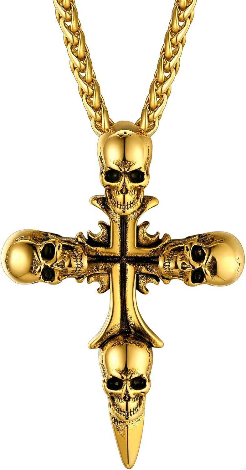 imageChainsHouse Skull Necklace for Men Retro Gothic Punk Jewelry Biker Necklace for Men Women Free Engraving Stainless Steel Dog Tag Pendant Necklacewith Gift Box07 Cross Gold