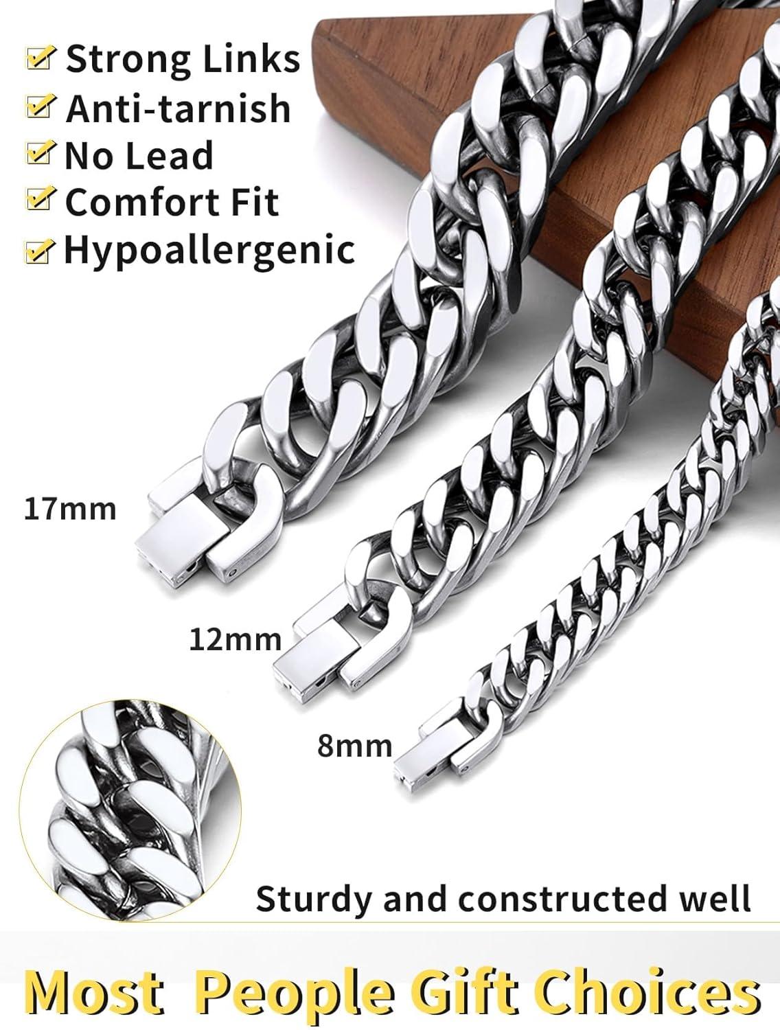 imageChainsHouse Stainless Steel Cuban Link Bracelet 8mm12mm17mm Width 75quot83quot9quot 18K Gold Plated Chain Wrist Bracelets for Men Women Send Gift BoxA Steel8mm width