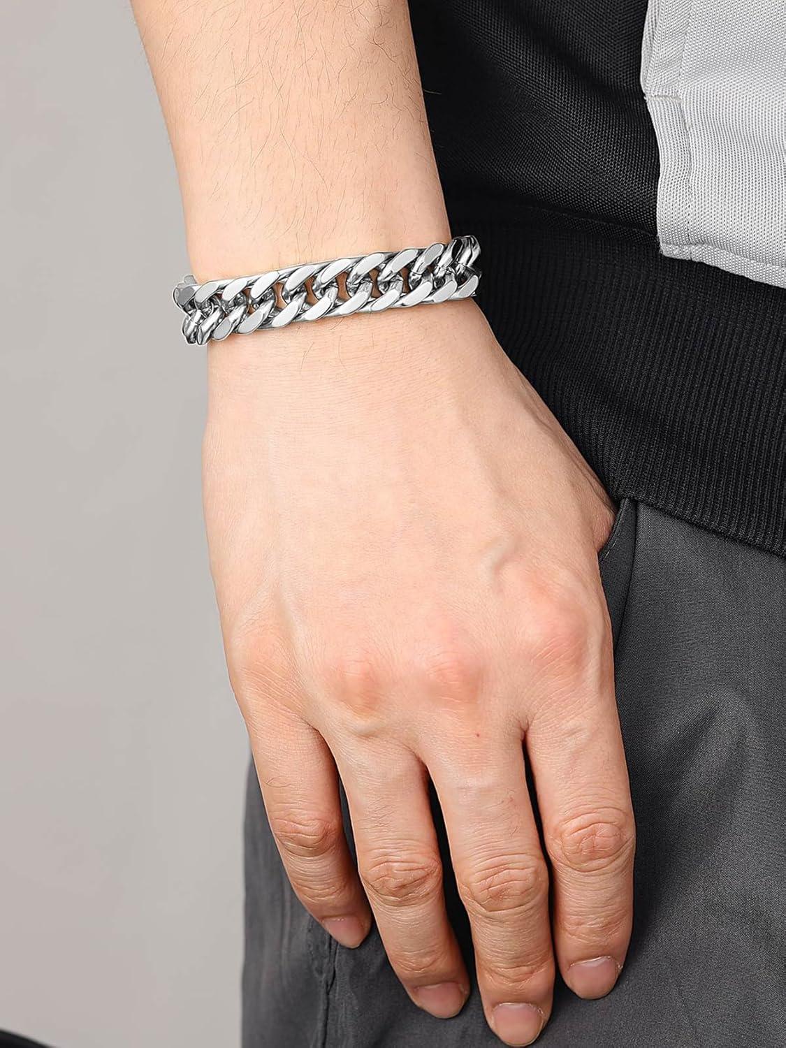 imageChainsHouse Stainless Steel Cuban Link Bracelet 8mm12mm17mm Width 75quot83quot9quot 18K Gold Plated Chain Wrist Bracelets for Men Women Send Gift BoxB Steel12mm width