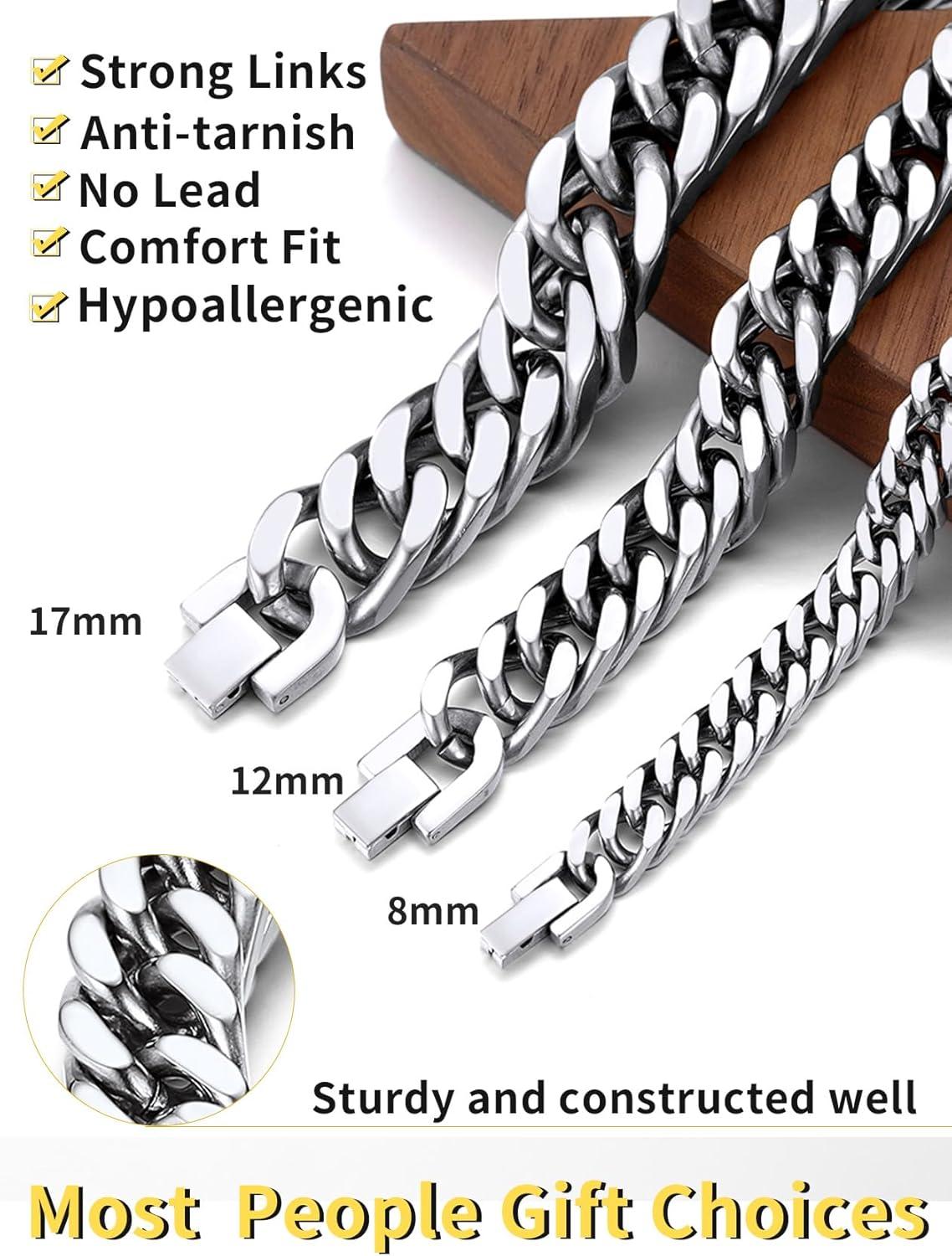 imageChainsHouse Stainless Steel Cuban Link Bracelet 8mm12mm17mm Width 75quot83quot9quot 18K Gold Plated Chain Wrist Bracelets for Men Women Send Gift BoxB Steel12mm width