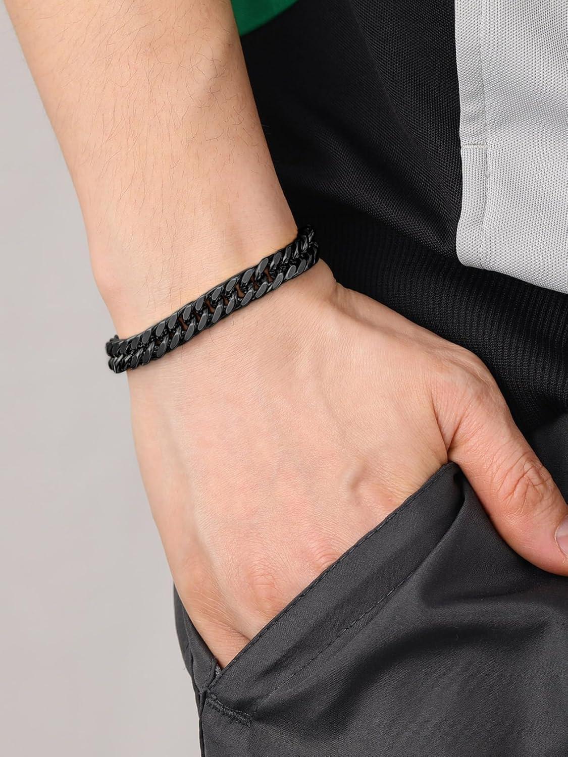 imageChainsHouse Stainless Steel Cuban Link Bracelet 8mm12mm17mm Width 75quot83quot9quot 18K Gold Plated Chain Wrist Bracelets for Men Women Send Gift BoxD Black8mm width