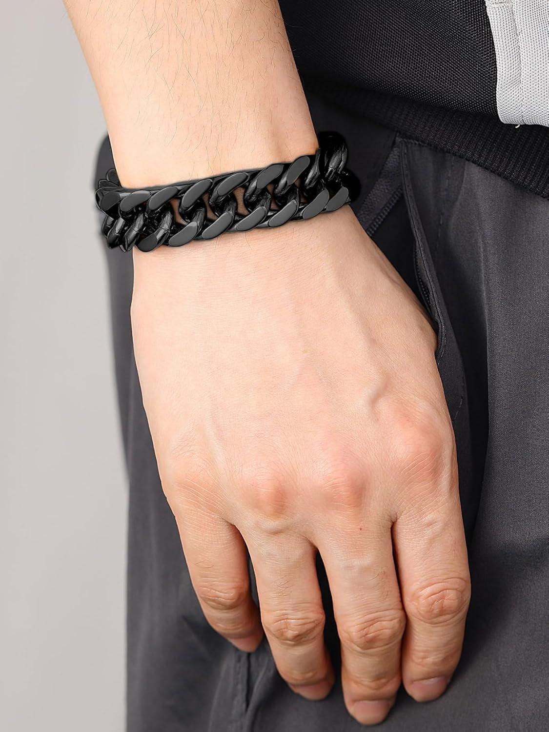 imageChainsHouse Stainless Steel Cuban Link Bracelet 8mm12mm17mm Width 75quot83quot9quot 18K Gold Plated Chain Wrist Bracelets for Men Women Send Gift BoxF Black17mm width