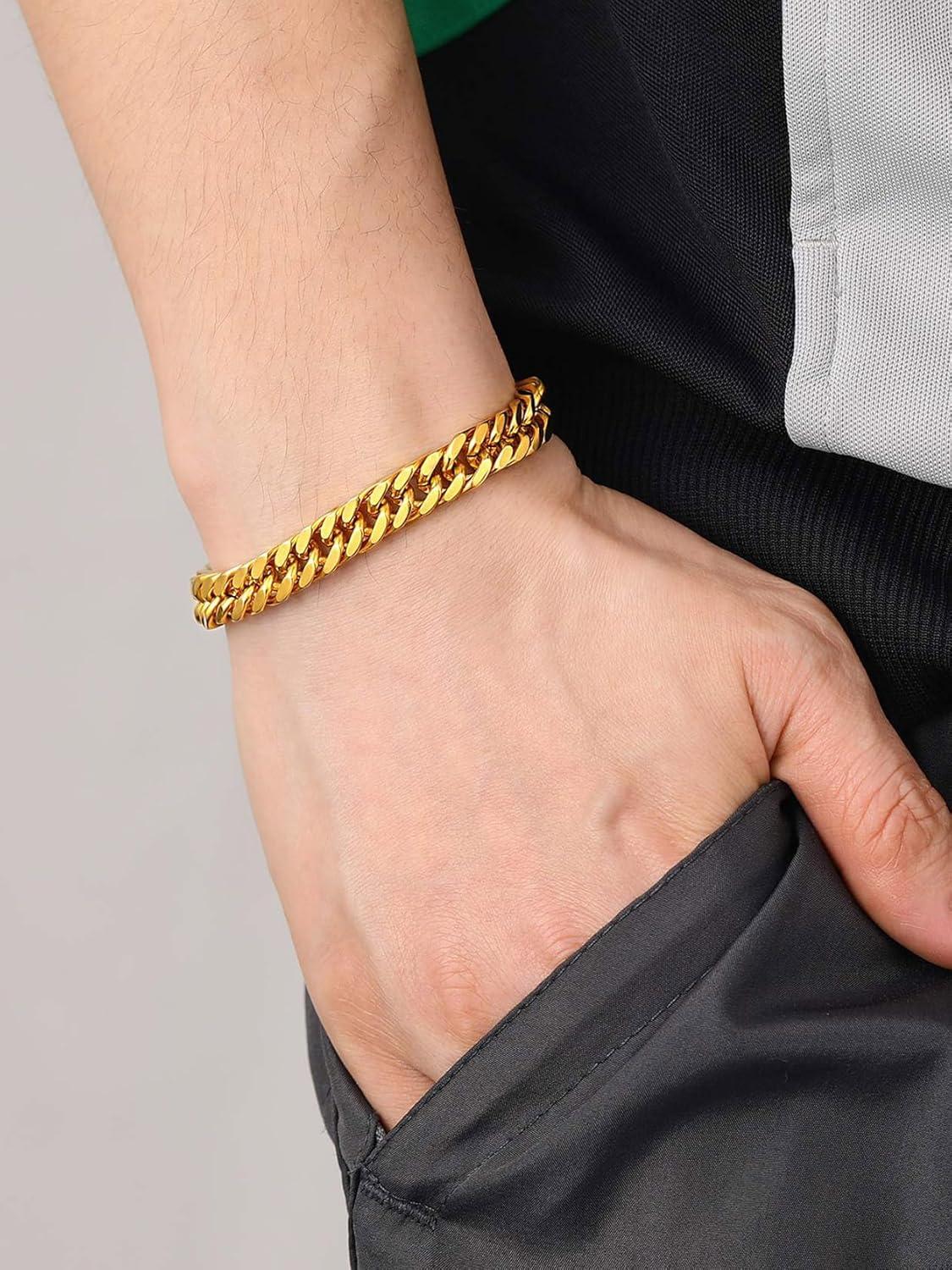 imageChainsHouse Stainless Steel Cuban Link Bracelet 8mm12mm17mm Width 75quot83quot9quot 18K Gold Plated Chain Wrist Bracelets for Men Women Send Gift BoxG Gold8mm width