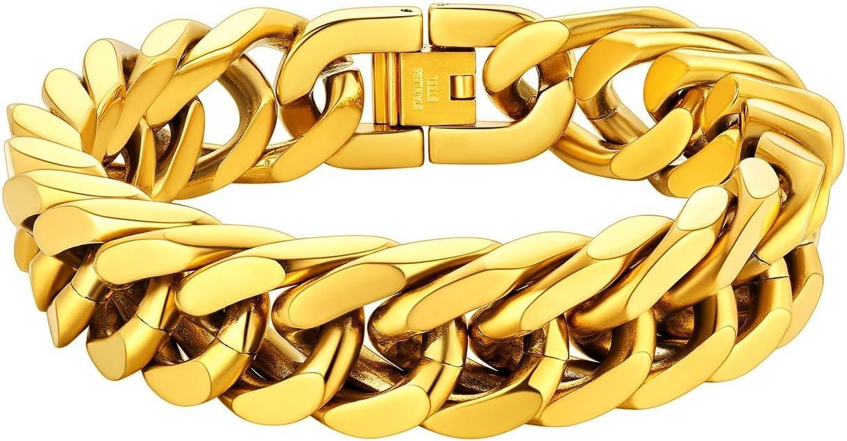 imageChainsHouse Stainless Steel Cuban Link Bracelet 8mm12mm17mm Width 75quot83quot9quot 18K Gold Plated Chain Wrist Bracelets for Men Women Send Gift BoxI Gold17mm width