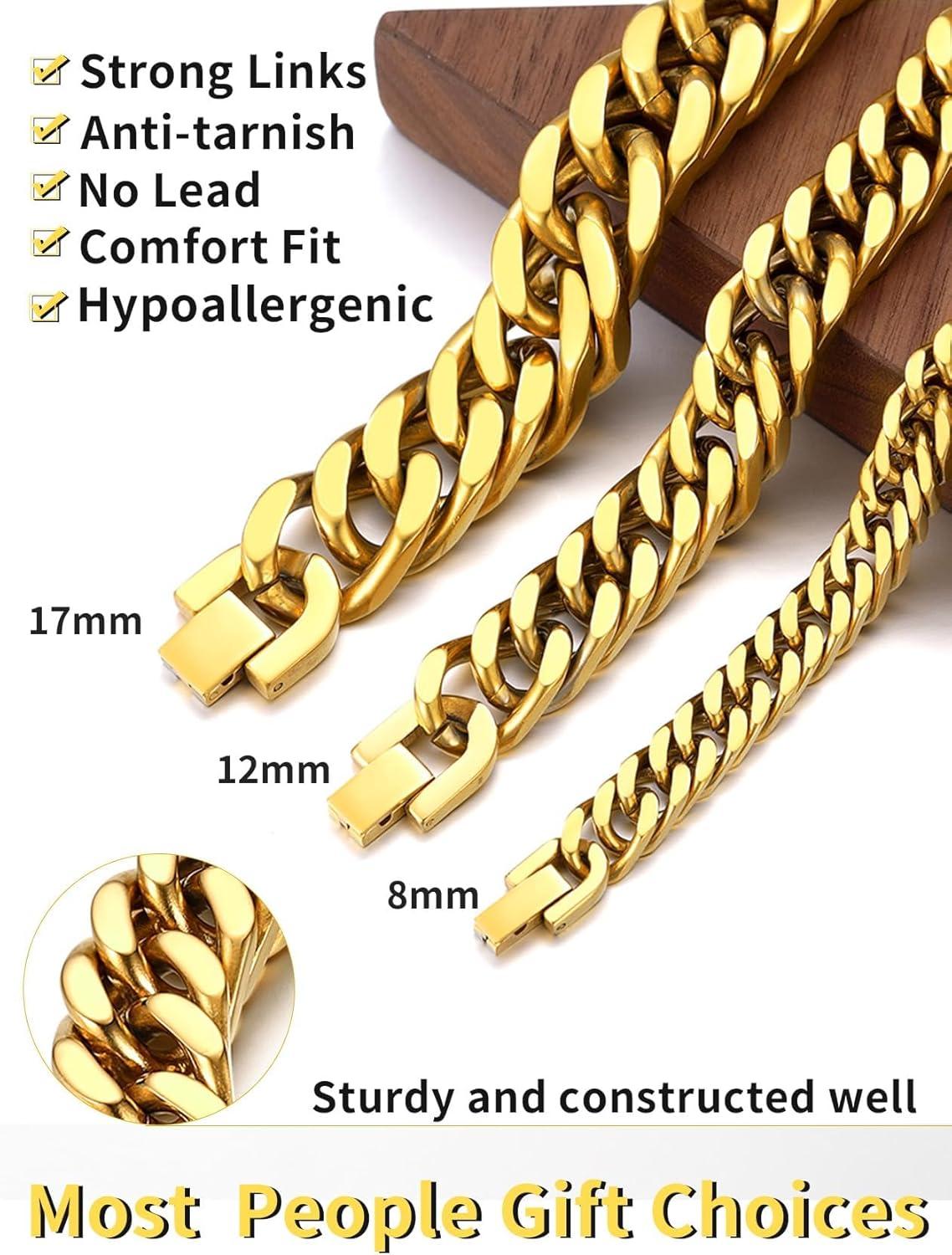 imageChainsHouse Stainless Steel Cuban Link Bracelet 8mm12mm17mm Width 75quot83quot9quot 18K Gold Plated Chain Wrist Bracelets for Men Women Send Gift BoxI Gold17mm width