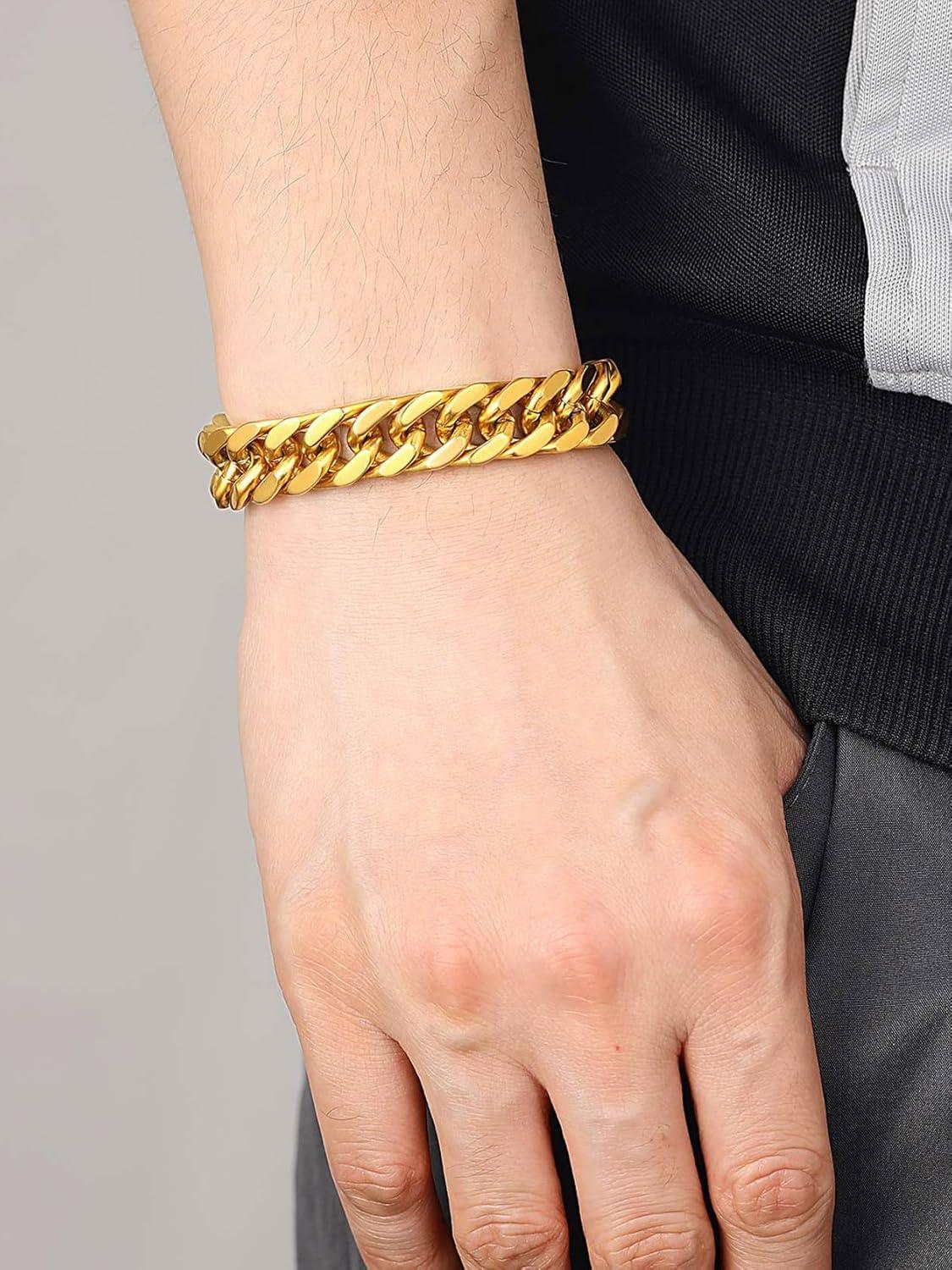 imageChainsHouse Stainless Steel Cuban Link Bracelet 8mm12mm17mm Width 75quot83quot9quot 18K Gold Plated Chain Wrist Bracelets for Men Women Send Gift BoxI Gold17mm width