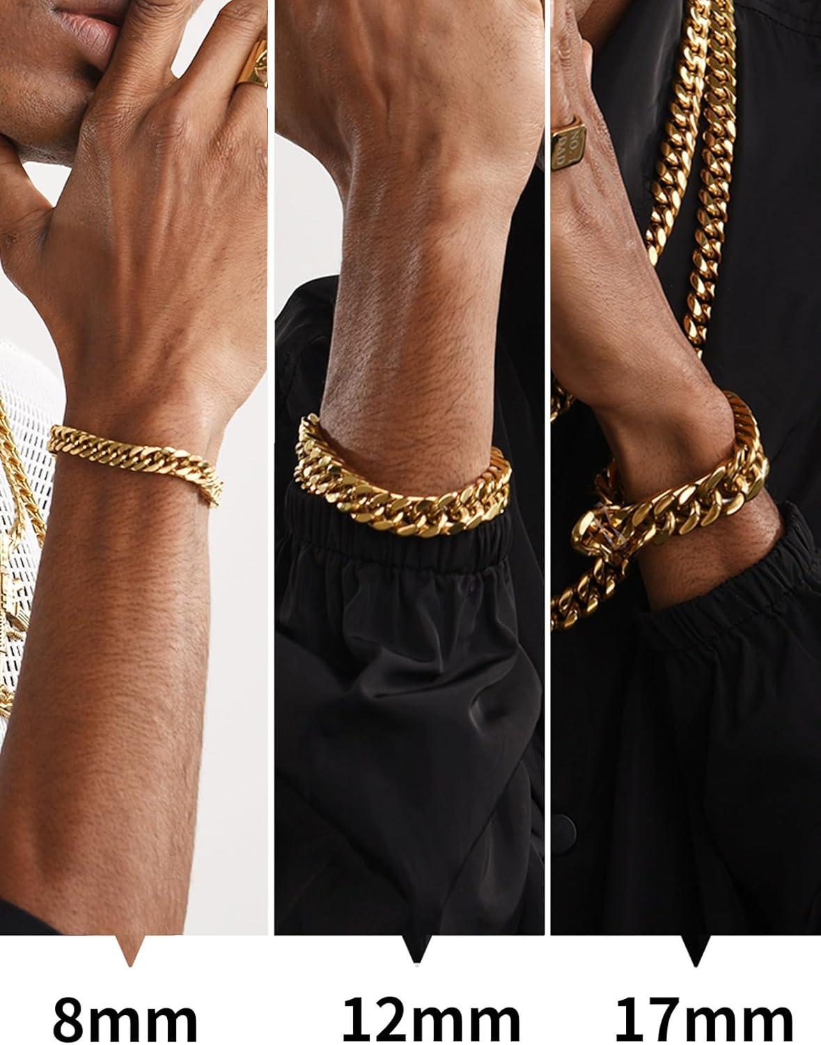 imageChainsHouse Stainless Steel Cuban Link Bracelet 8mm12mm17mm Width 75quot83quot9quot 18K Gold Plated Chain Wrist Bracelets for Men Women Send Gift BoxO Gold17mm widthcustom