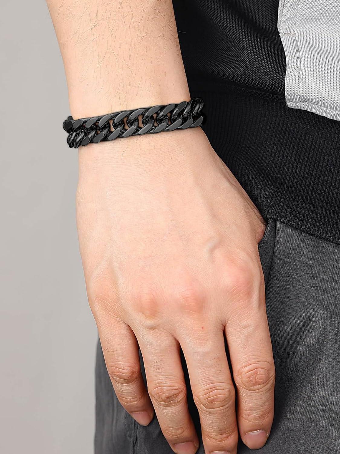 imageChainsHouse Stainless Steel Cuban Link Bracelet 8mm12mm17mm Width 75quot83quot9quot 18K Gold Plated Chain Wrist Bracelets for Men Women Send Gift BoxQ Black12mm widthcustom