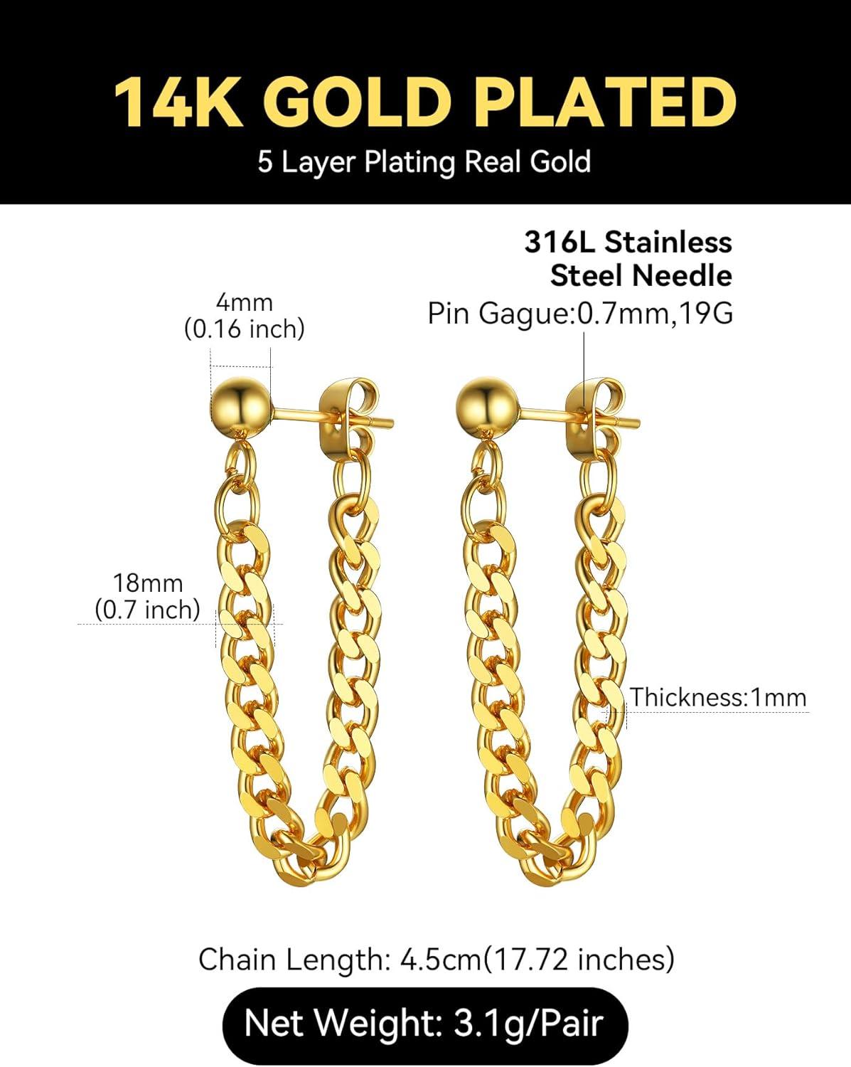 imageChainsHouse Stud Earrings for Men Women316L Stainless Steel14K GoldBlack Plated Metal Punk Hypoallergenic Surgical Huggie Hoop Earrings Mens Jewelry Piercing Hoop EarringsC GoldCuban Chain