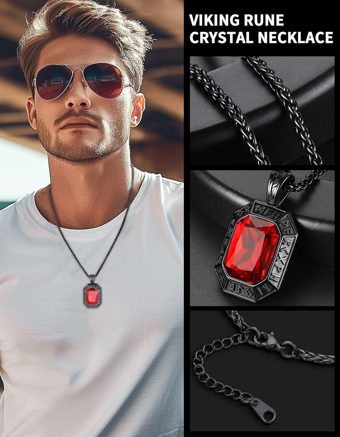 imageChainsHouse Viking Rune Pendant Necklace for Men Women Punk Biker Black Metal316L Stainless Steel Onyx Norse Vintage Amulet Necklaces with BlackRedGreenBlue Gemstone Send Gift BoxE Cool BlackRed Stone