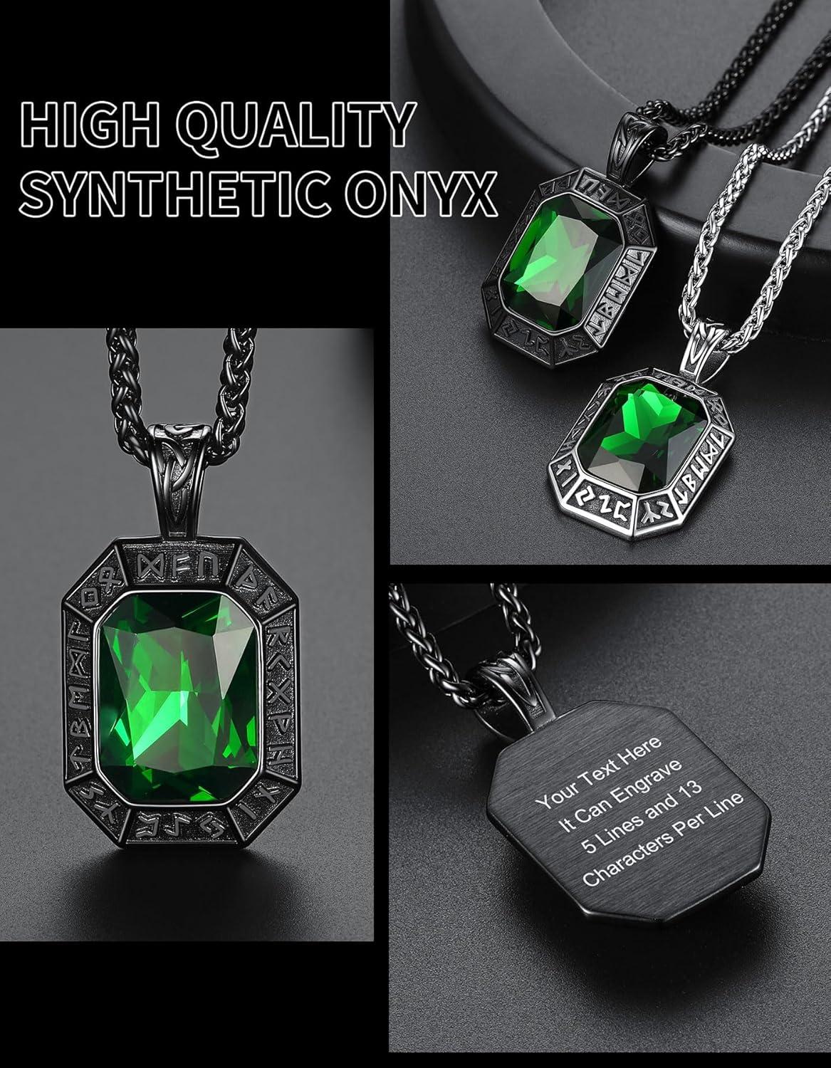 imageChainsHouse Viking Rune Pendant Necklace for Men Women Punk Biker Black Metal316L Stainless Steel Onyx Norse Vintage Amulet Necklaces with BlackRedGreenBlue Gemstone Send Gift BoxO BlackGreen StoneCustom