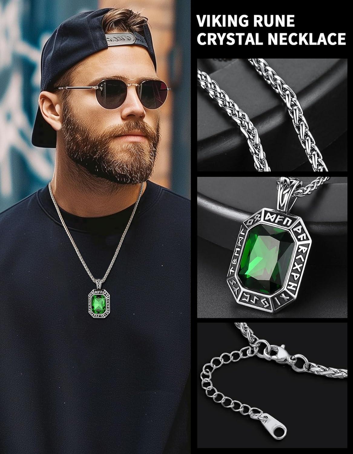 imageChainsHouse Viking Rune Pendant Necklace for Men Women Punk Biker Black Metal316L Stainless Steel Onyx Norse Vintage Amulet Necklaces with BlackRedGreenBlue Gemstone Send Gift BoxD Stainless SteelGreen Stone