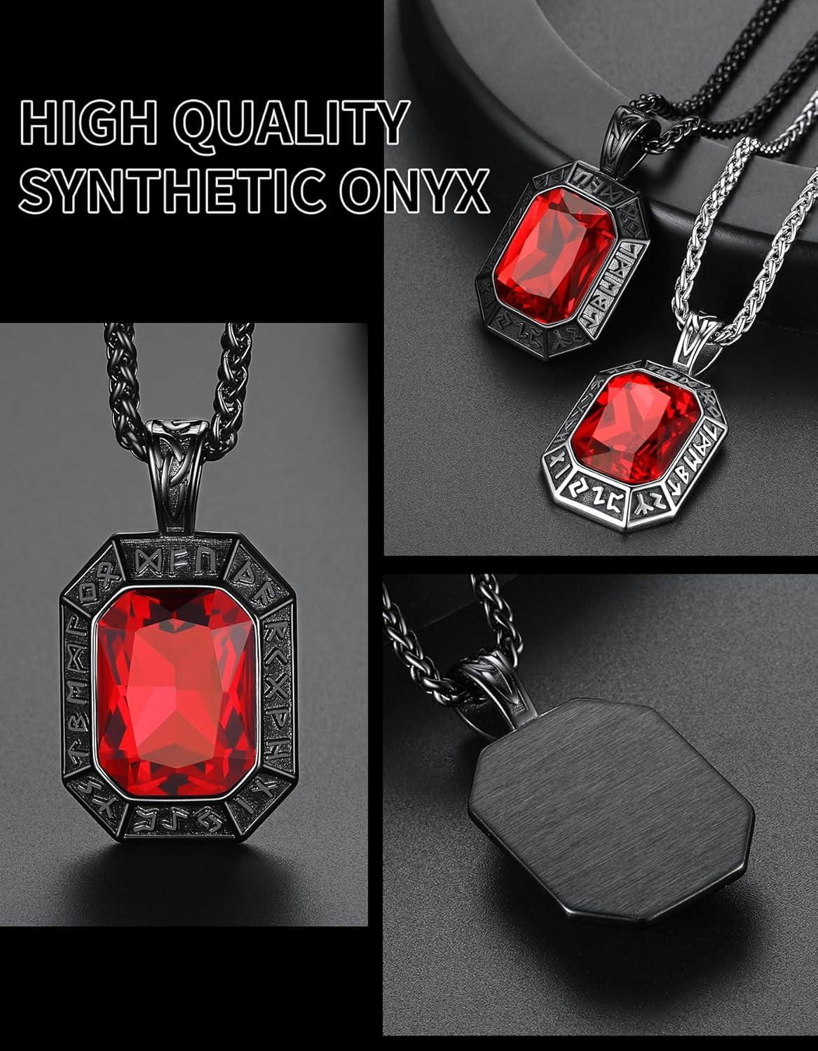 imageChainsHouse Viking Rune Pendant Necklace for Men Women Punk Biker Black Metal316L Stainless Steel Onyx Norse Vintage Amulet Necklaces with BlackRedGreenBlue Gemstone Send Gift BoxE Cool BlackRed Stone