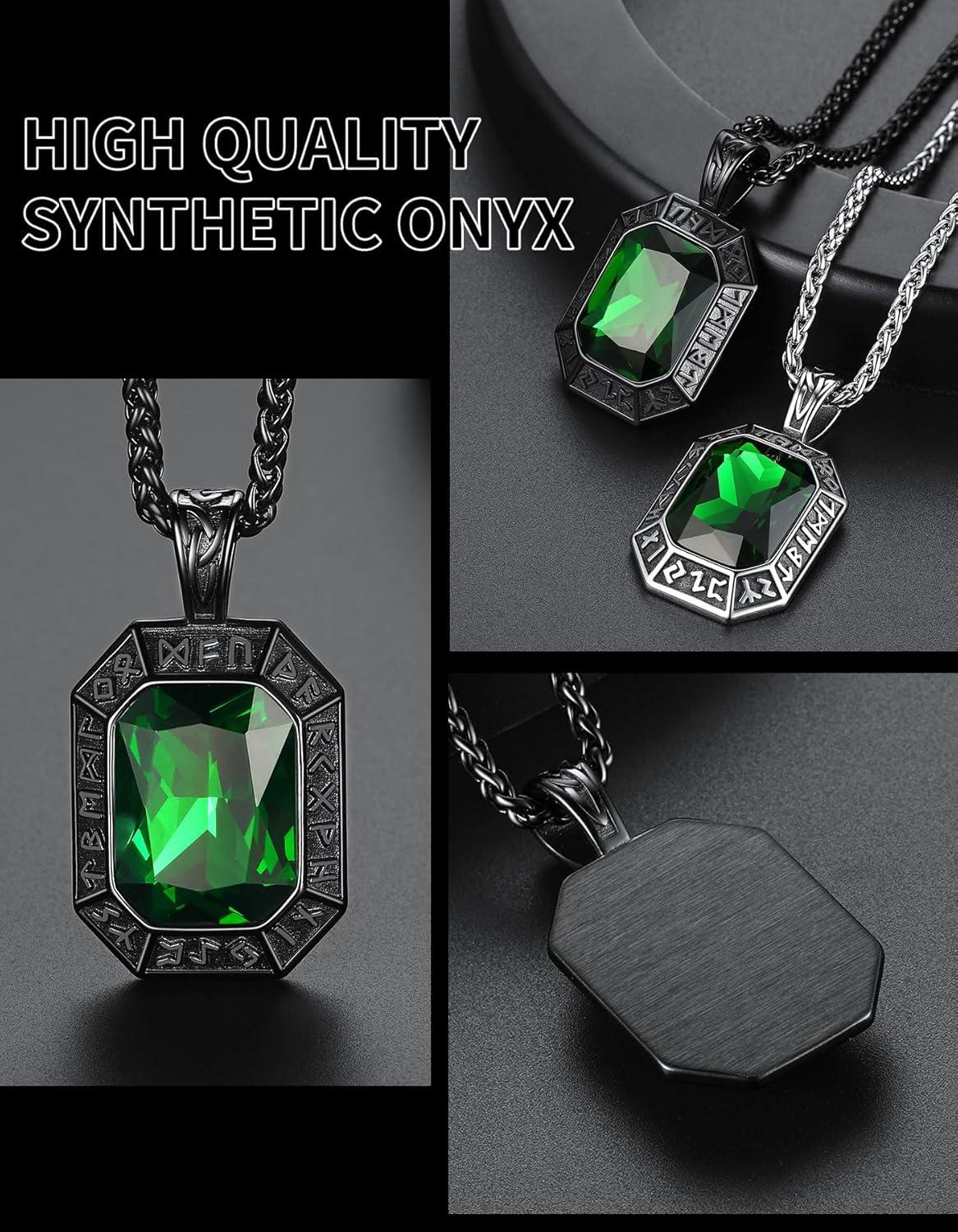 imageChainsHouse Viking Rune Pendant Necklace for Men Women Punk Biker Black Metal316L Stainless Steel Onyx Norse Vintage Amulet Necklaces with BlackRedGreenBlue Gemstone Send Gift BoxG Cool BlackGreen Stone