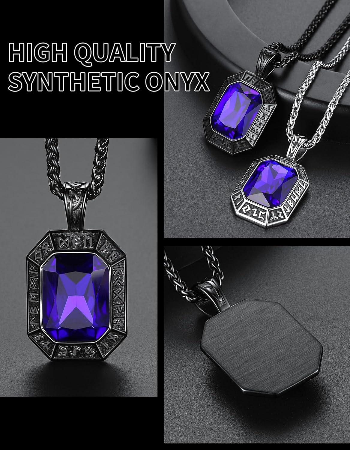 imageChainsHouse Viking Rune Pendant Necklace for Men Women Punk Biker Black Metal316L Stainless Steel Onyx Norse Vintage Amulet Necklaces with BlackRedGreenBlue Gemstone Send Gift BoxH Cool BlackBlue Stone
