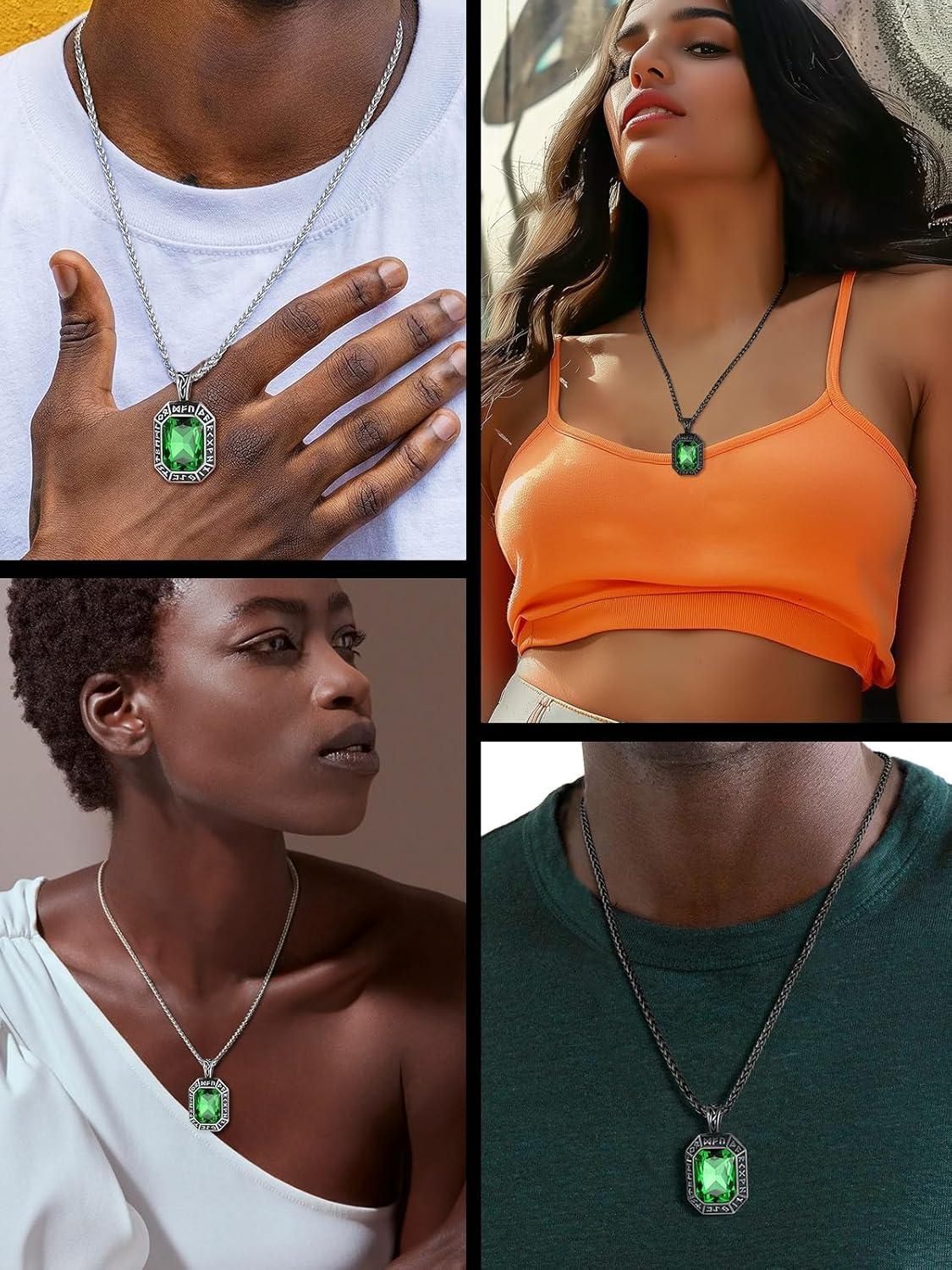 imageChainsHouse Viking Rune Pendant Necklace for Men Women Punk Biker Black Metal316L Stainless Steel Onyx Norse Vintage Amulet Necklaces with BlackRedGreenBlue Gemstone Send Gift BoxG Cool BlackGreen Stone