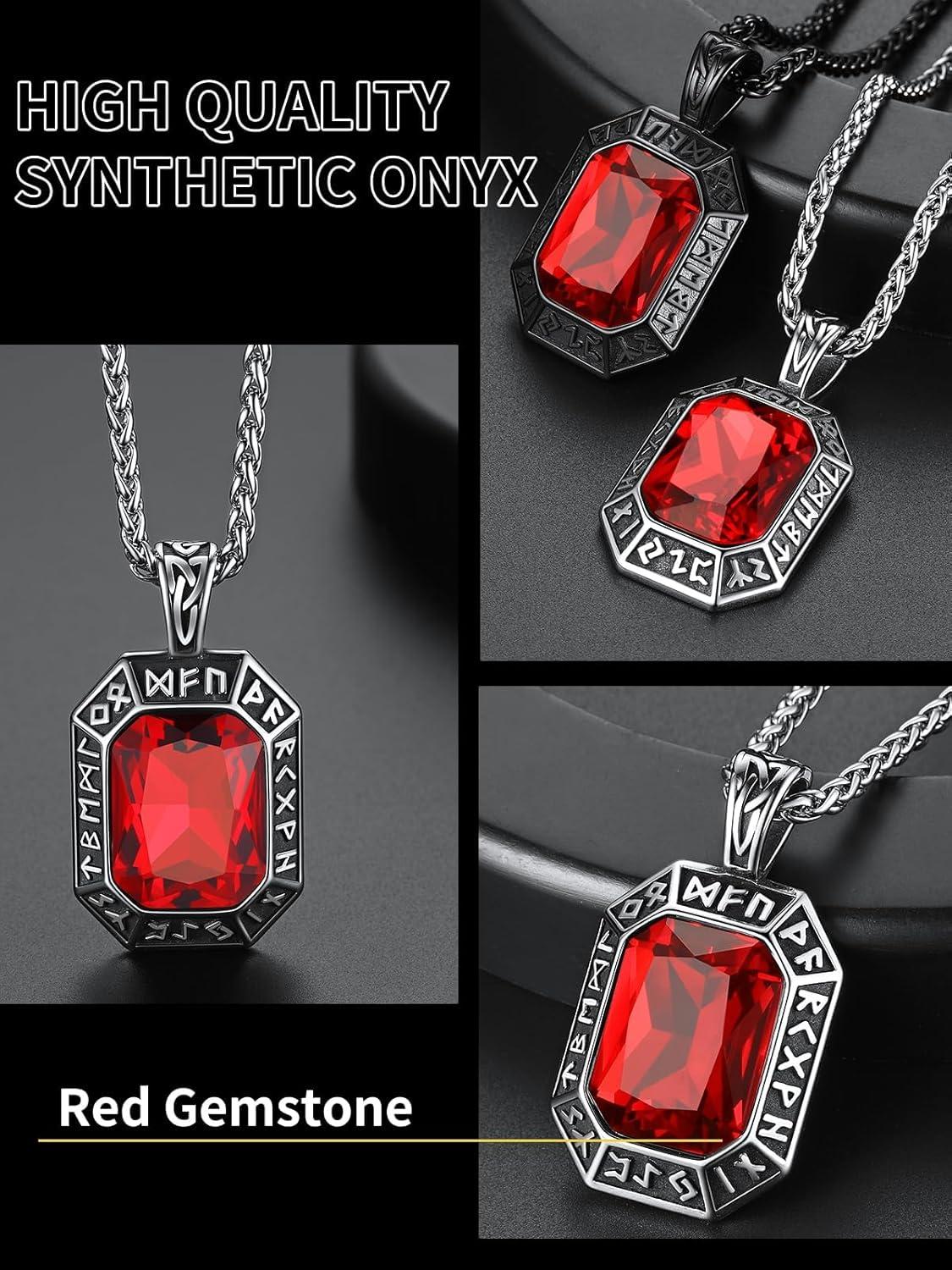 imageChainsHouse Viking Rune Pendant Necklace for Men Women Punk Biker Black Metal316L Stainless Steel Onyx Norse Vintage Amulet Necklaces with BlackRedGreenBlue Gemstone Send Gift BoxC Stainless SteelRed Stone