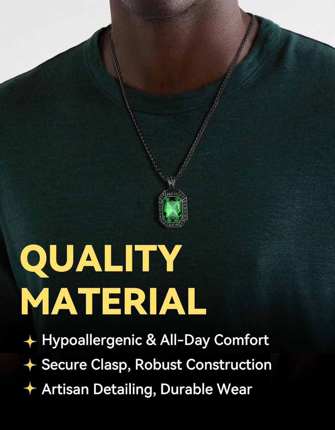 imageChainsHouse Viking Rune Pendant Necklace for Men Women Punk Biker Black Metal316L Stainless Steel Onyx Norse Vintage Amulet Necklaces with BlackRedGreenBlue Gemstone Send Gift BoxG Cool BlackGreen Stone