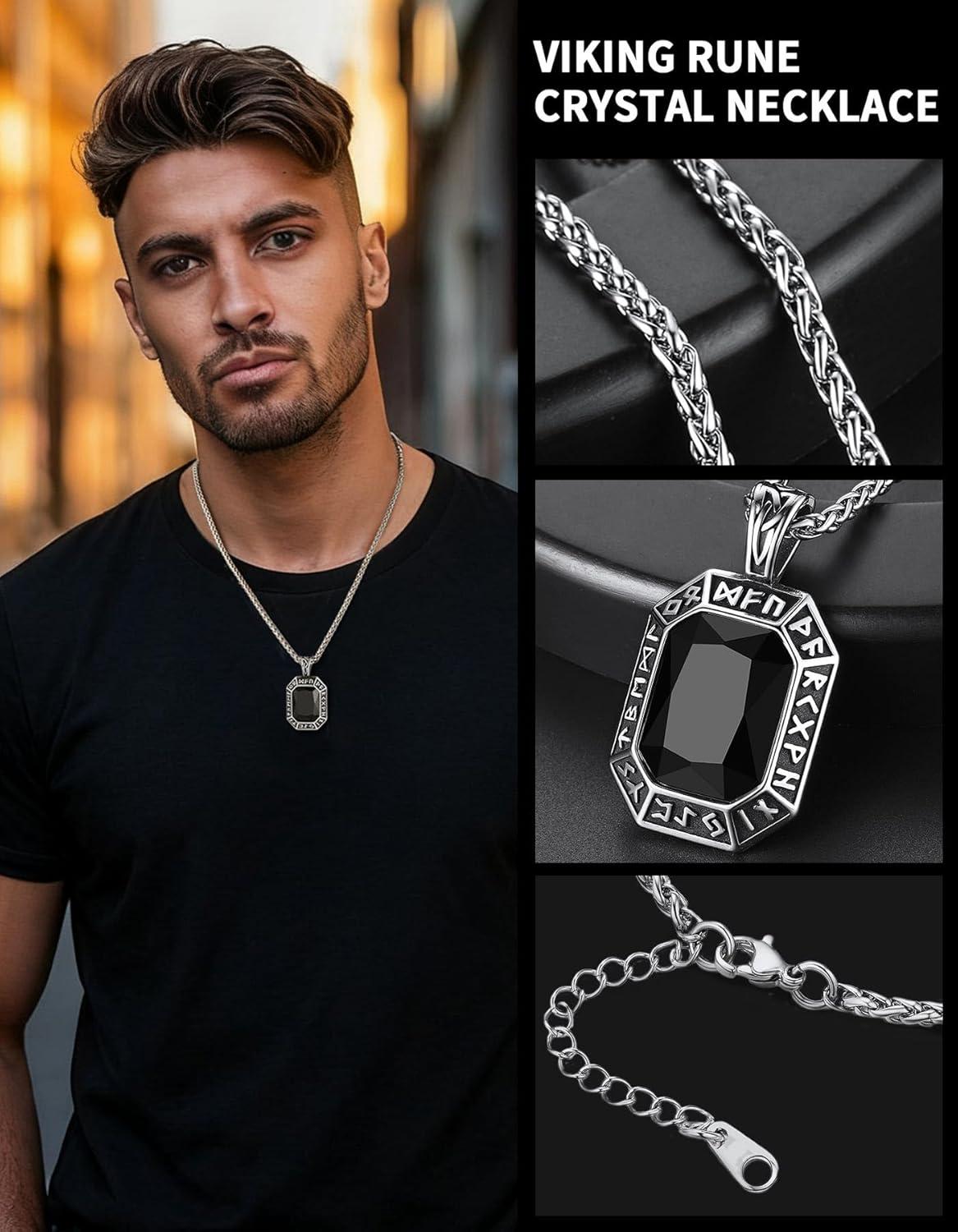 imageChainsHouse Viking Rune Pendant Necklace for Men Women Punk Biker Black Metal316L Stainless Steel Onyx Norse Vintage Amulet Necklaces with BlackRedGreenBlue Gemstone Send Gift BoxL SteelBlack StoneCustom