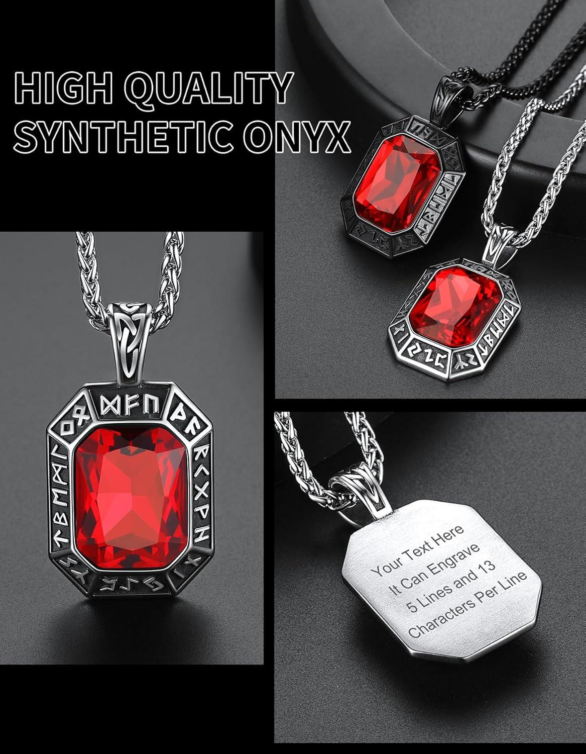 imageChainsHouse Viking Rune Pendant Necklace for Men Women Punk Biker Black Metal316L Stainless Steel Onyx Norse Vintage Amulet Necklaces with BlackRedGreenBlue Gemstone Send Gift BoxJ SteelRed StoneCustom