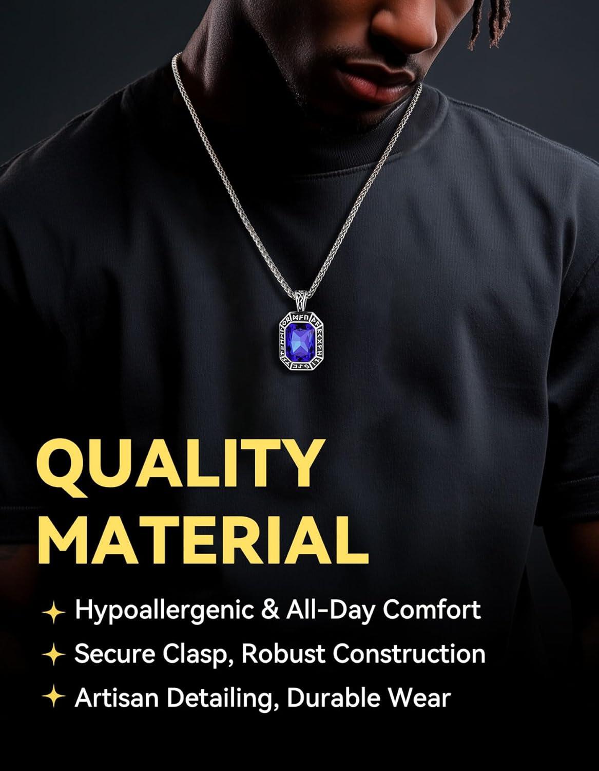 imageChainsHouse Viking Rune Pendant Necklace for Men Women Punk Biker Black Metal316L Stainless Steel Onyx Norse Vintage Amulet Necklaces with BlackRedGreenBlue Gemstone Send Gift BoxB Stainless SteelBlue Stone