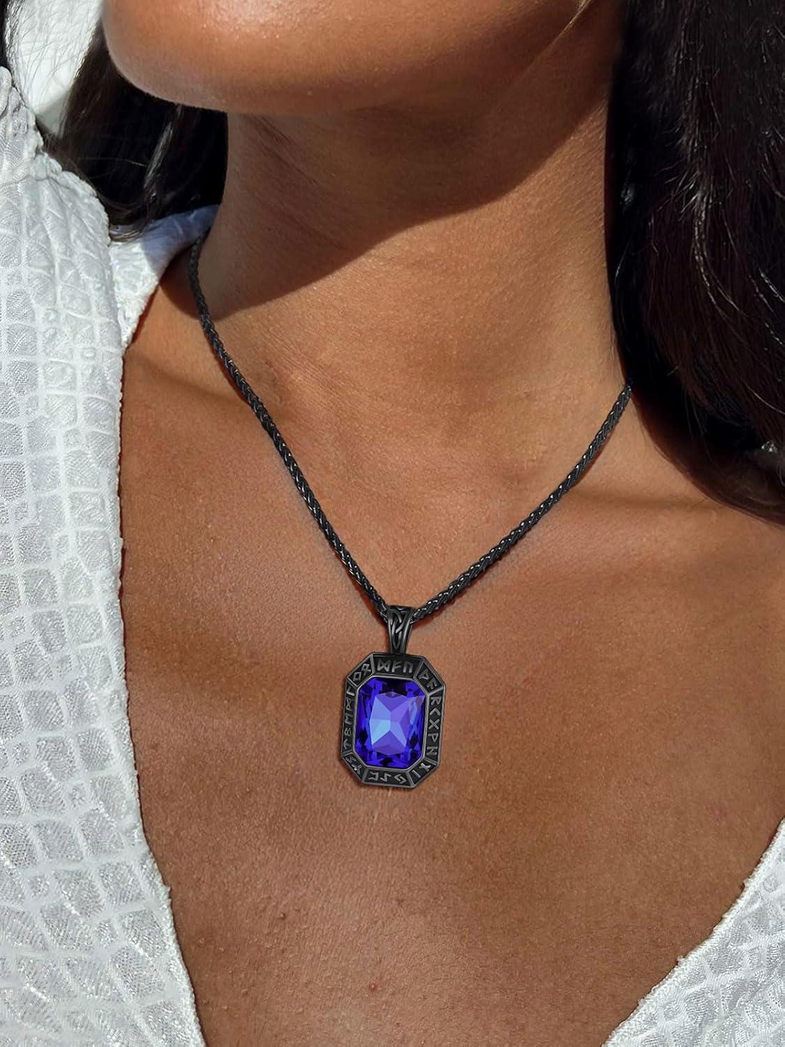 imageChainsHouse Viking Rune Pendant Necklace for Men Women Punk Biker Black Metal316L Stainless Steel Onyx Norse Vintage Amulet Necklaces with BlackRedGreenBlue Gemstone Send Gift BoxH Cool BlackBlue Stone