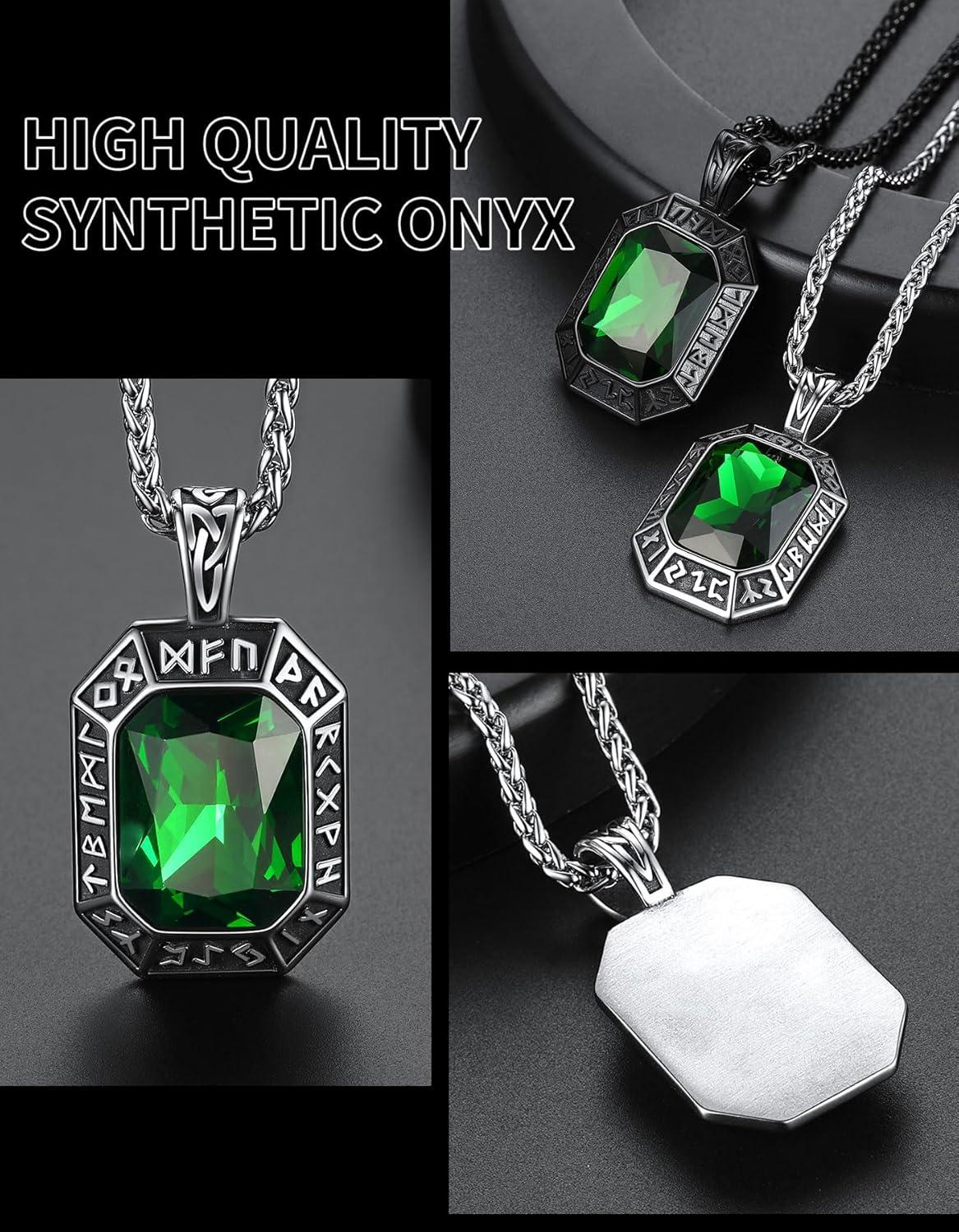imageChainsHouse Viking Rune Pendant Necklace for Men Women Punk Biker Black Metal316L Stainless Steel Onyx Norse Vintage Amulet Necklaces with BlackRedGreenBlue Gemstone Send Gift BoxD Stainless SteelGreen Stone