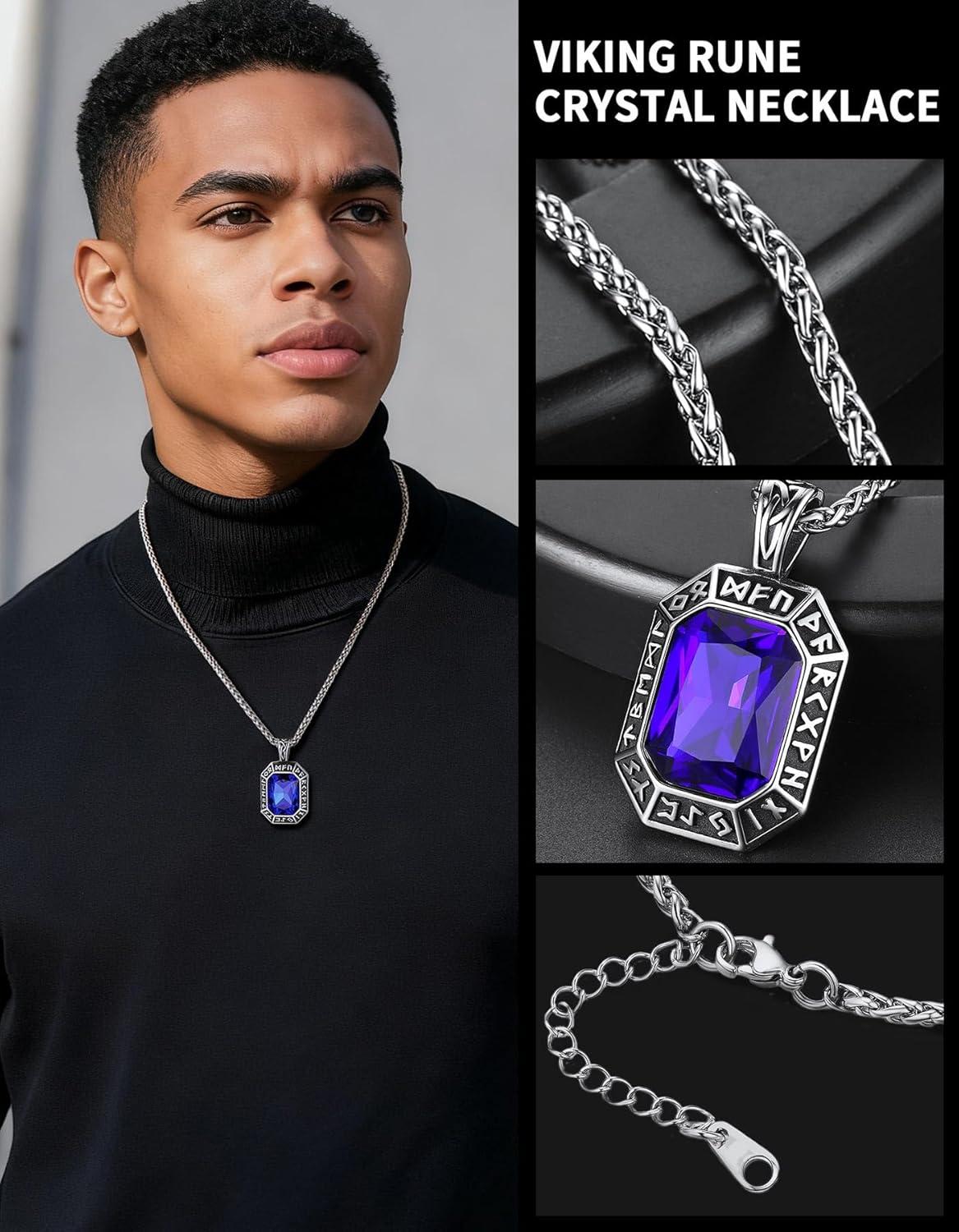 imageChainsHouse Viking Rune Pendant Necklace for Men Women Punk Biker Black Metal316L Stainless Steel Onyx Norse Vintage Amulet Necklaces with BlackRedGreenBlue Gemstone Send Gift BoxB Stainless SteelBlue Stone