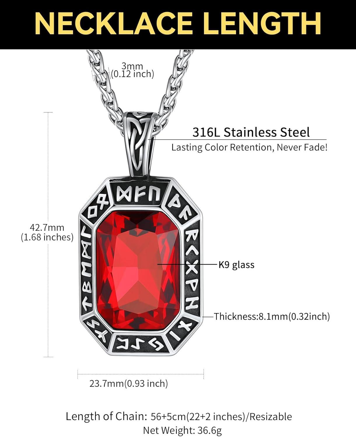 imageChainsHouse Viking Rune Pendant Necklace for Men Women Punk Biker Black Metal316L Stainless Steel Onyx Norse Vintage Amulet Necklaces with BlackRedGreenBlue Gemstone Send Gift BoxC Stainless SteelRed Stone
