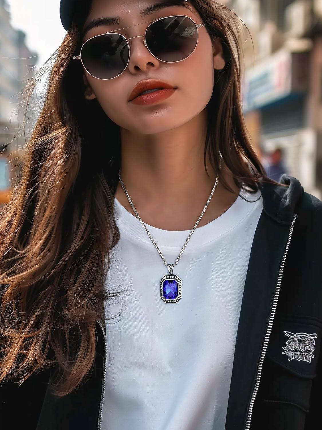 imageChainsHouse Viking Rune Pendant Necklace for Men Women Punk Biker Black Metal316L Stainless Steel Onyx Norse Vintage Amulet Necklaces with BlackRedGreenBlue Gemstone Send Gift BoxB Stainless SteelBlue Stone