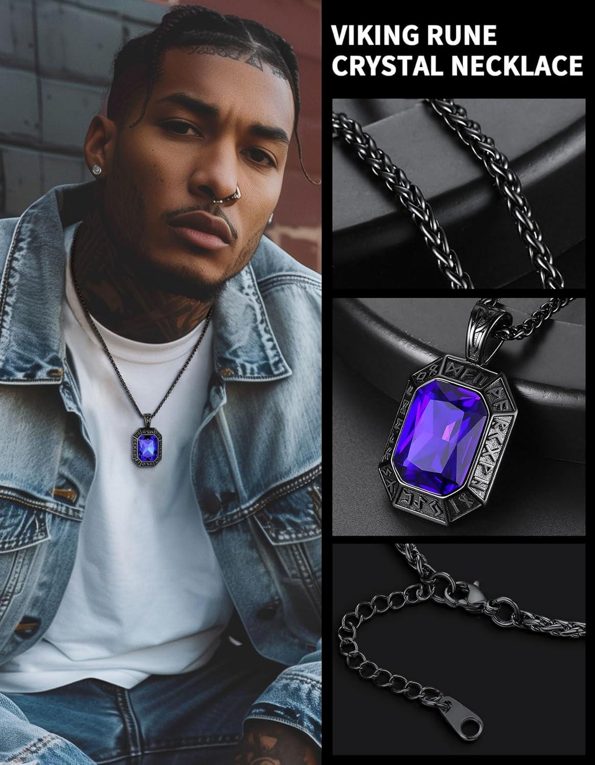 imageChainsHouse Viking Rune Pendant Necklace for Men Women Punk Biker Black Metal316L Stainless Steel Onyx Norse Vintage Amulet Necklaces with BlackRedGreenBlue Gemstone Send Gift BoxP BlackBlue StoneCustom