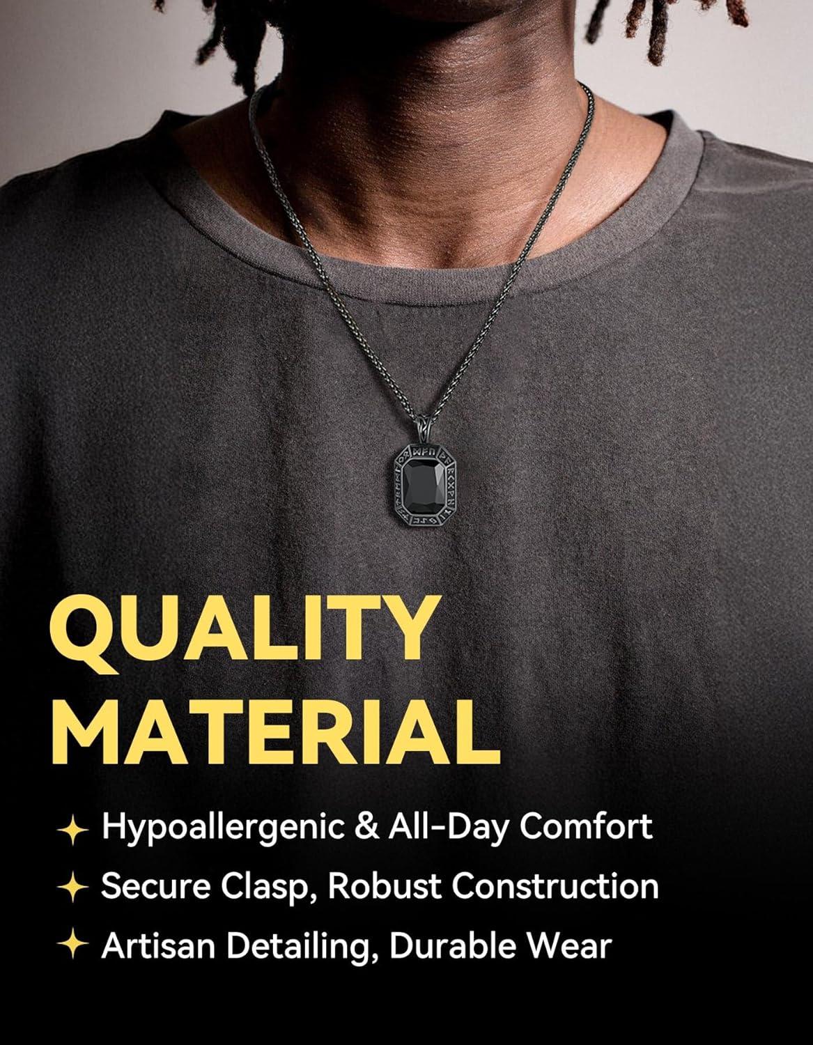 imageChainsHouse Viking Rune Pendant Necklace for Men Women Punk Biker Black Metal316L Stainless Steel Onyx Norse Vintage Amulet Necklaces with BlackRedGreenBlue Gemstone Send Gift BoxF Cool BlackBlack Stone